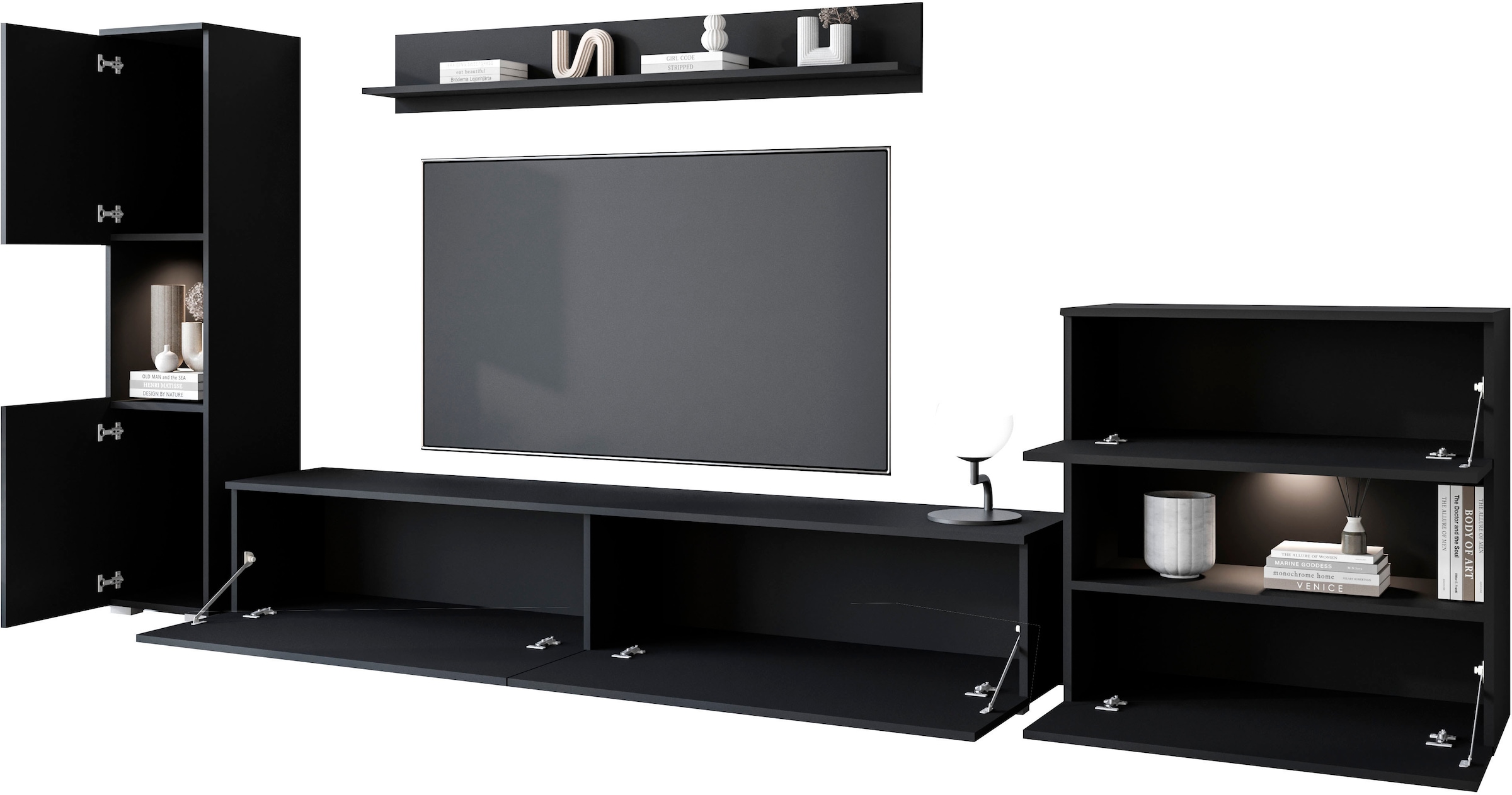 INOSIGN Wohnwand »PARIS, Vitrine Türanschlag links/rechts wechselbar«, (Komplett-Set, 4 St.), grifflose Design, stehend und hängend montierbar