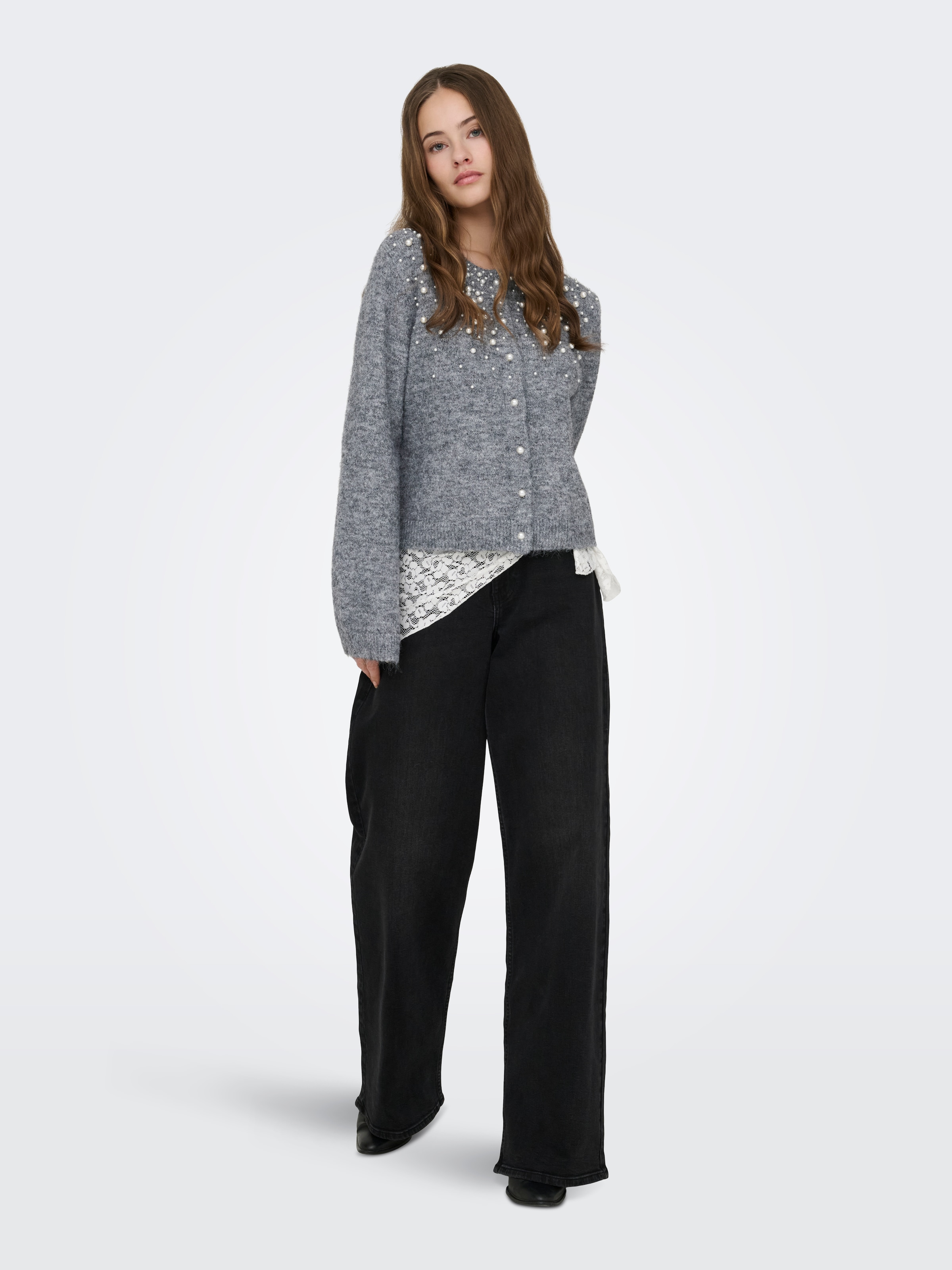 ONLY Strickjacke »ONLMIGGIE LS O-NECK PEARL CARDIGA EX KNT« Materialmix, regular fit