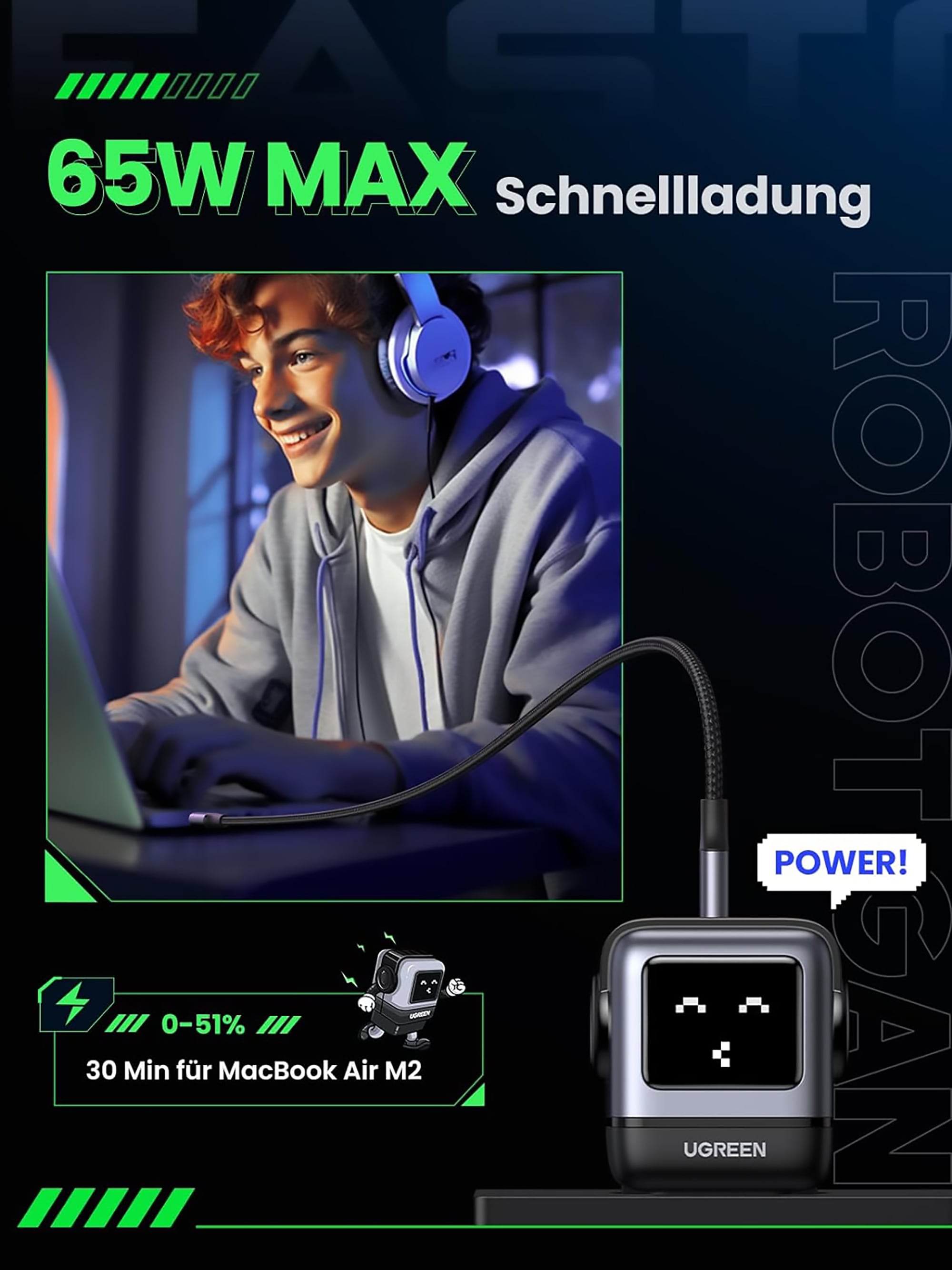 UGREEN USB-Ladegerät »UGREEN Uno Robot GaN Tech 65W USB-A+2*USB-C Fast Charger«, Roboter-Form mit LED-Anzeige und magnetischem Fuß