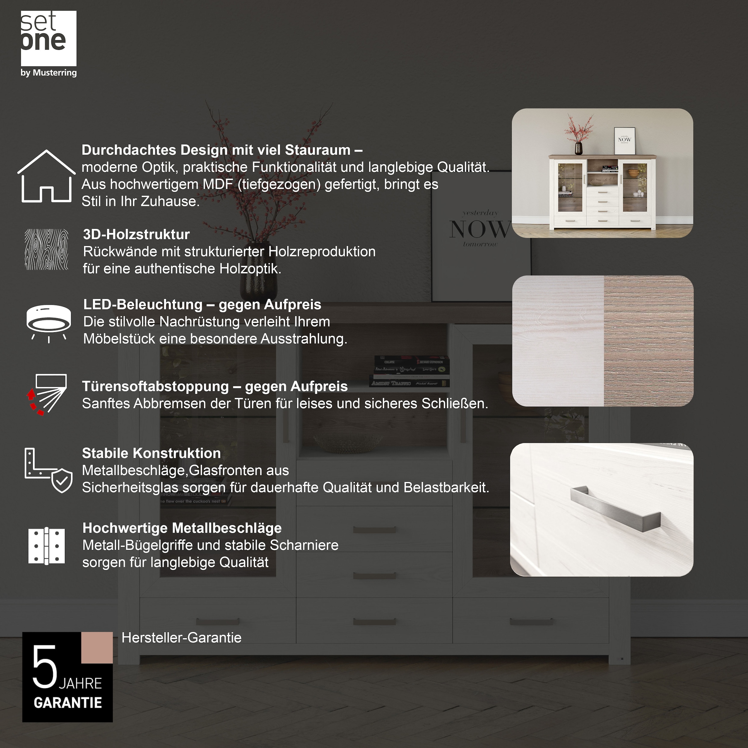 set one by Musterring Highboard »York«, Typ 56, mit Glastüren, Beleuchtung optional, B 184 cm