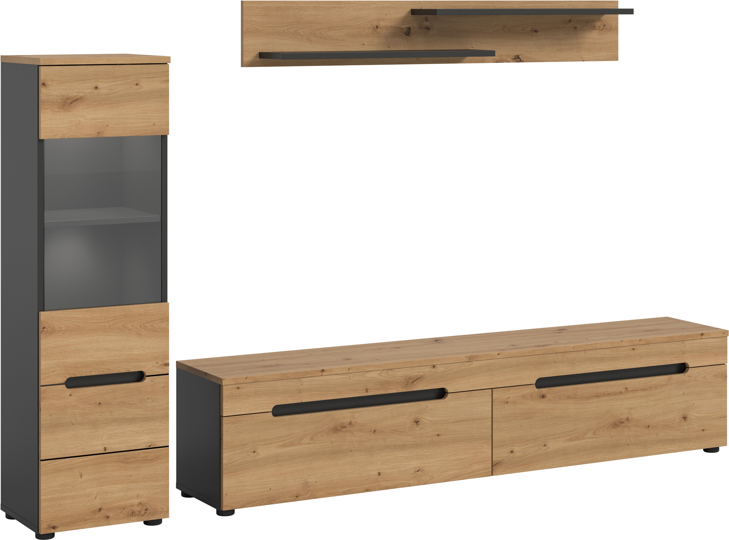 INOSIGN Wohnwand »REHAT, TOPSELLER!, 3-teilig, inkl. Beleuchtung, stehend oder hängend« Set bestehend aus: Vitrine inkl. Beleuchtung, Lowboard und Wandboard, 3 Stk. tlg.