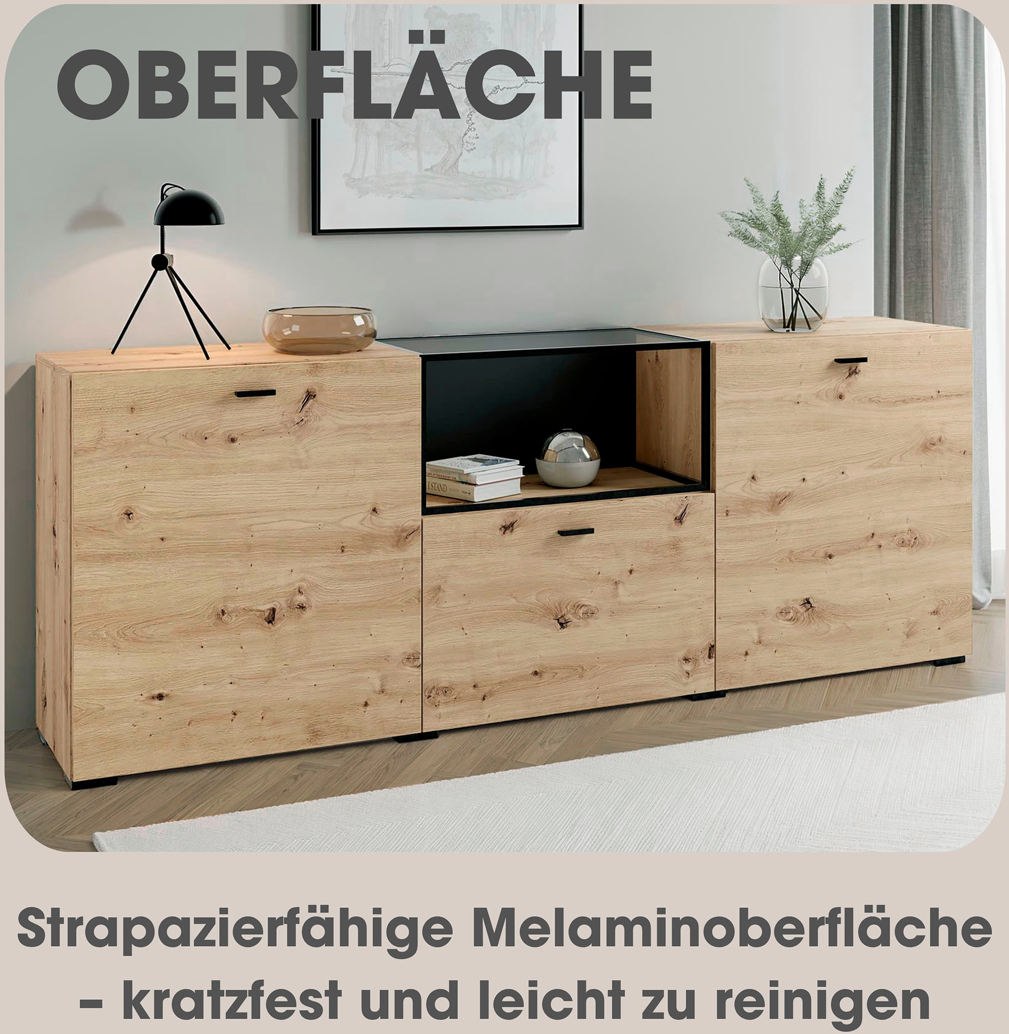 byLIVING Sideboard »Frame« 1 Stk. tlg. moderne Kommode mit Metalleinsatz und Glasplatte, 200cm breit.