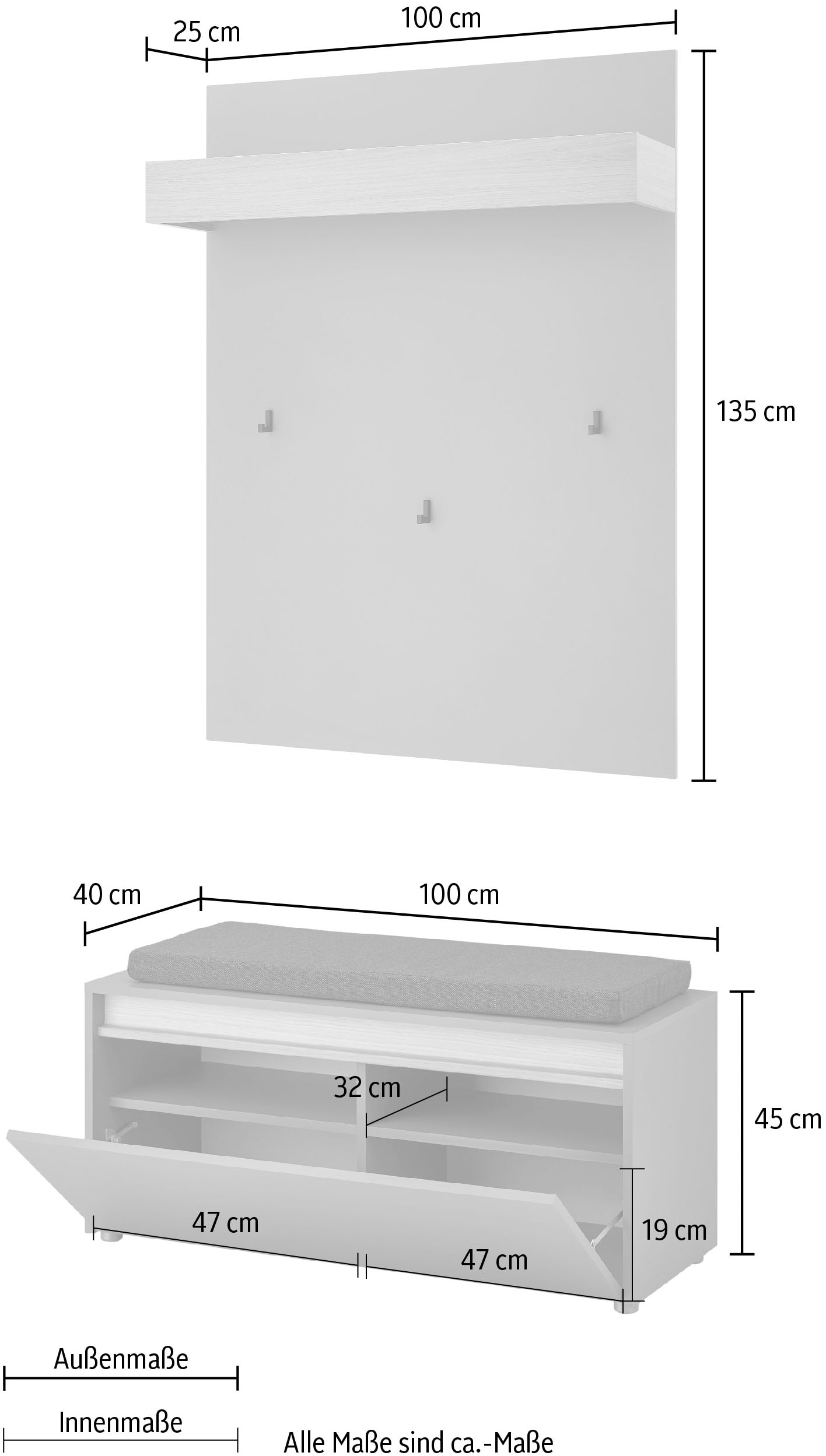 INOSIGN Garderoben-Set »GIRON/CiTY, moderne Garderobe, Komplettset mit viel Stauraum«, (Komplett-Set, 2 St.), enthält Garderobenpaneel & Schuhbank inkl. Sitzkissen, 100 cm breit