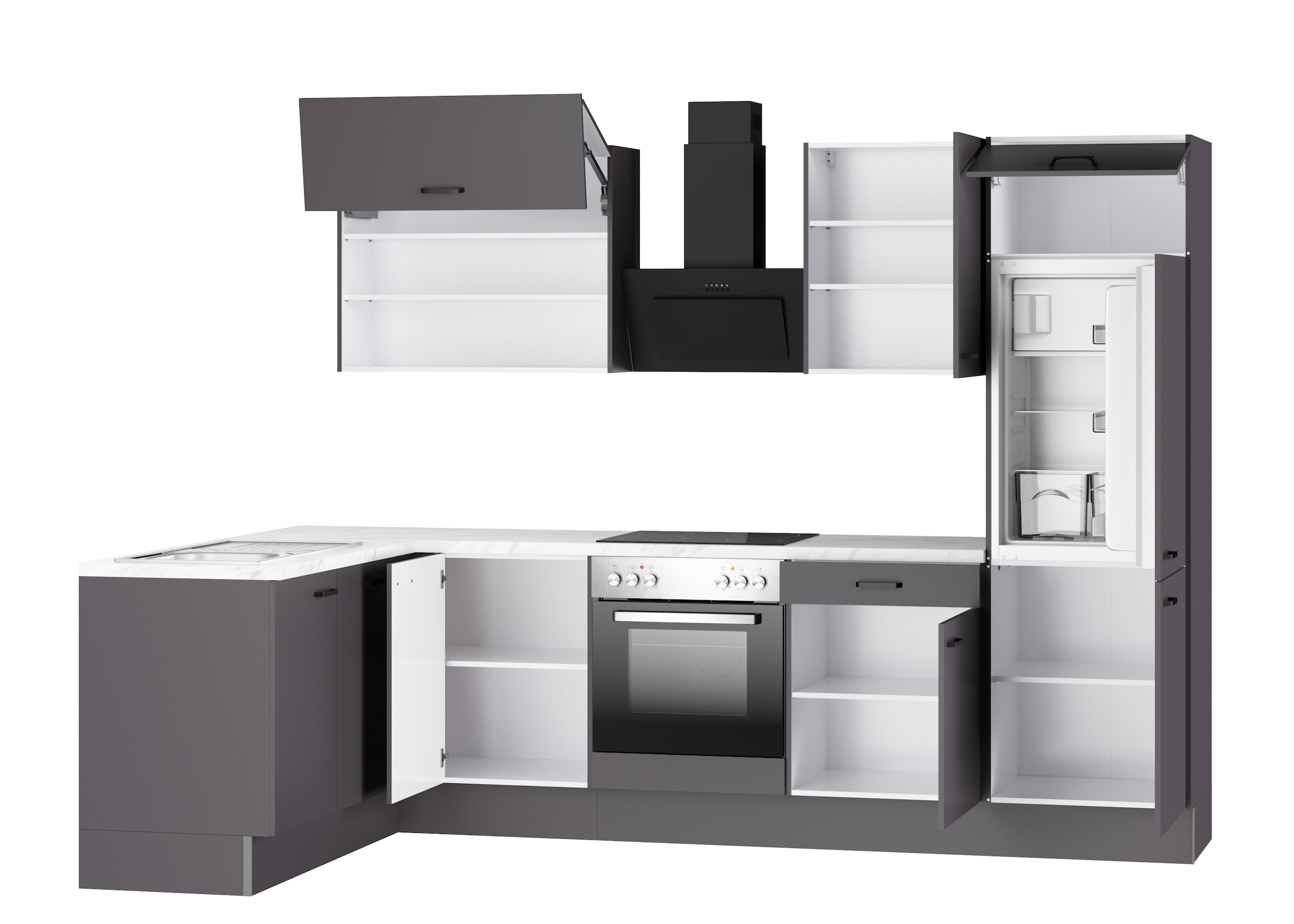 KOCHSTATION Winkelküche »KS-Paula, Stellmaße rechts B/T 295/175 cm, links B/T 175/295 cm« Wahlweise Spüle rechts oder links, mit und ohne E-Geräte