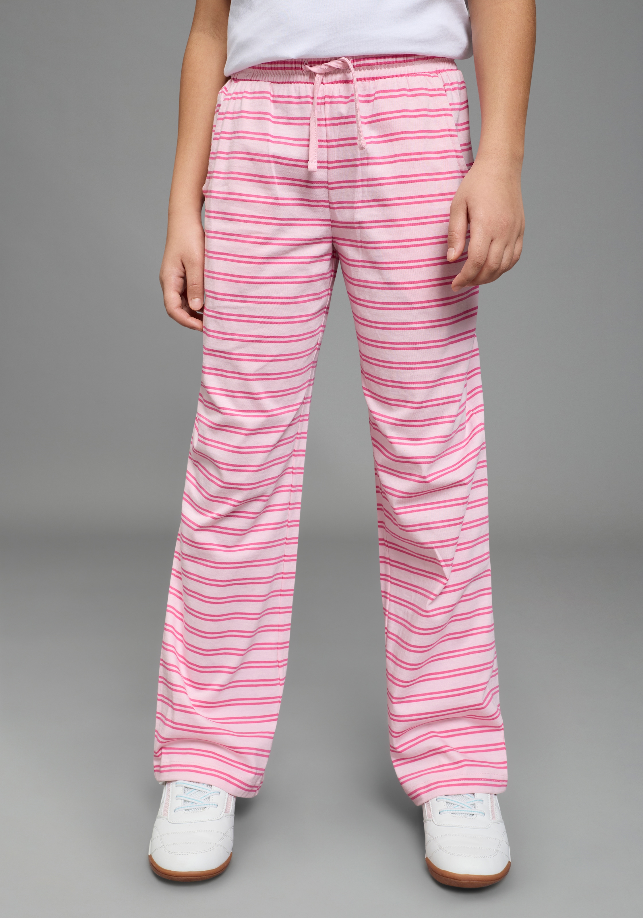 H.I.S Jerseyhose »2er Pack Wirkhosen 1x uni + 1x geringelt, für Mädchen«  gerade Beinform, mit Gummizug am Bund, mit Logodruck als Applikation