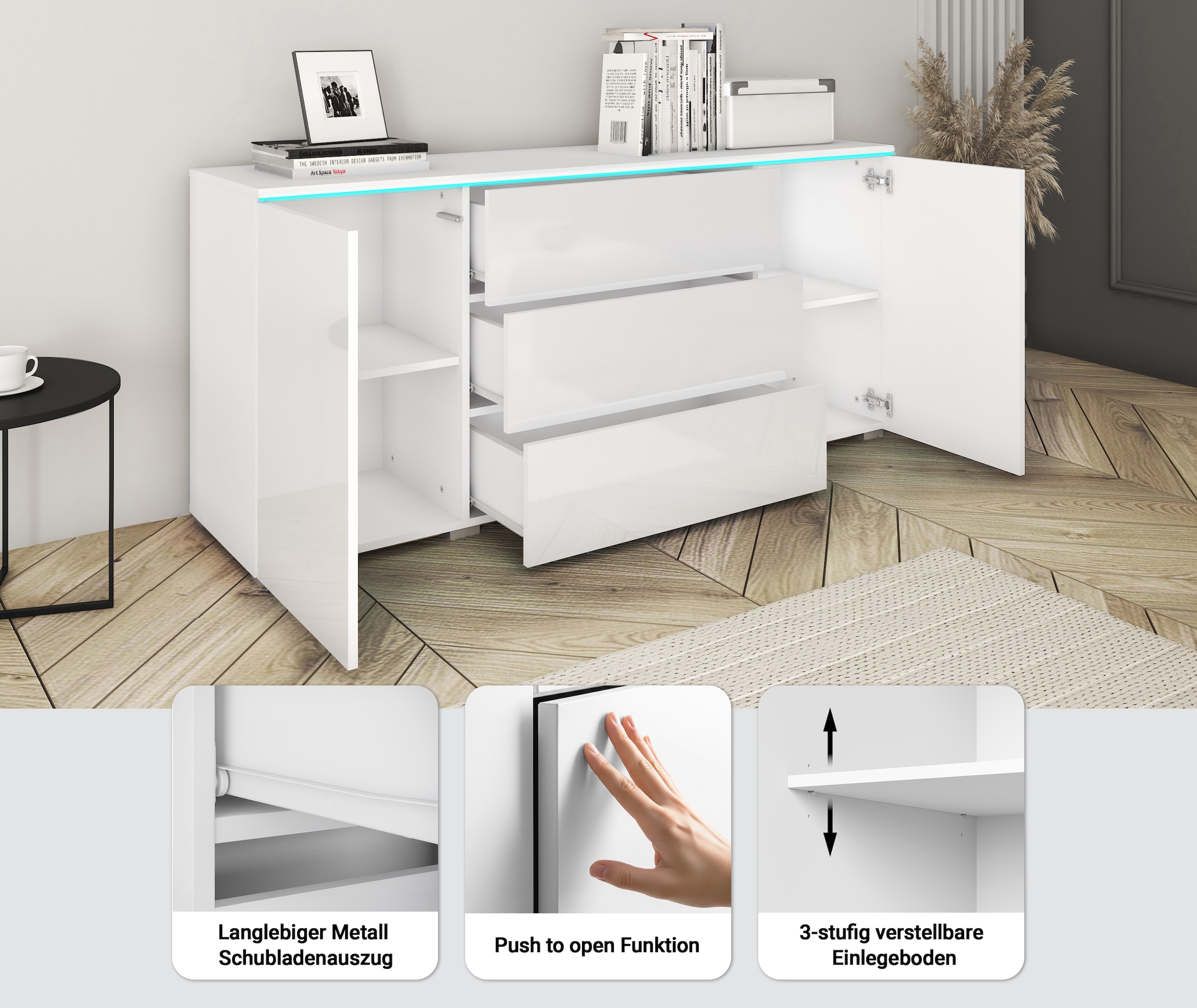 INOSIGN Sideboard »VERA, grifflos« verstellbare Einlegeböden, Wahlweise mit oder ohne Beleuchtung
