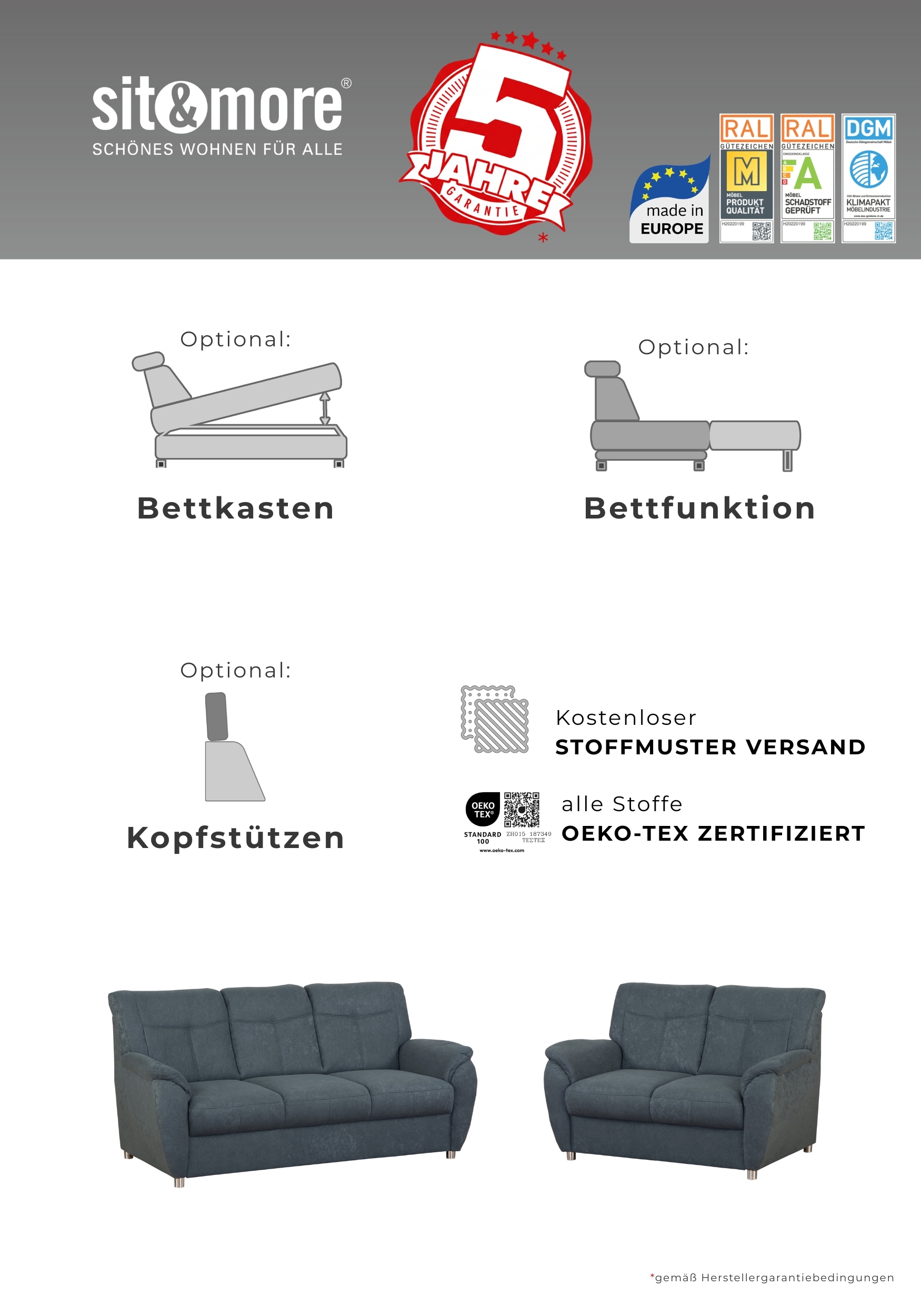 sit&more Ecksofa »Sonoma, L-Form, B: 246 cm, Bettfunktion & Bettkasten optional« Federkern, komfortable Sitzhöhe 45 cm, frei im Raum stellbar