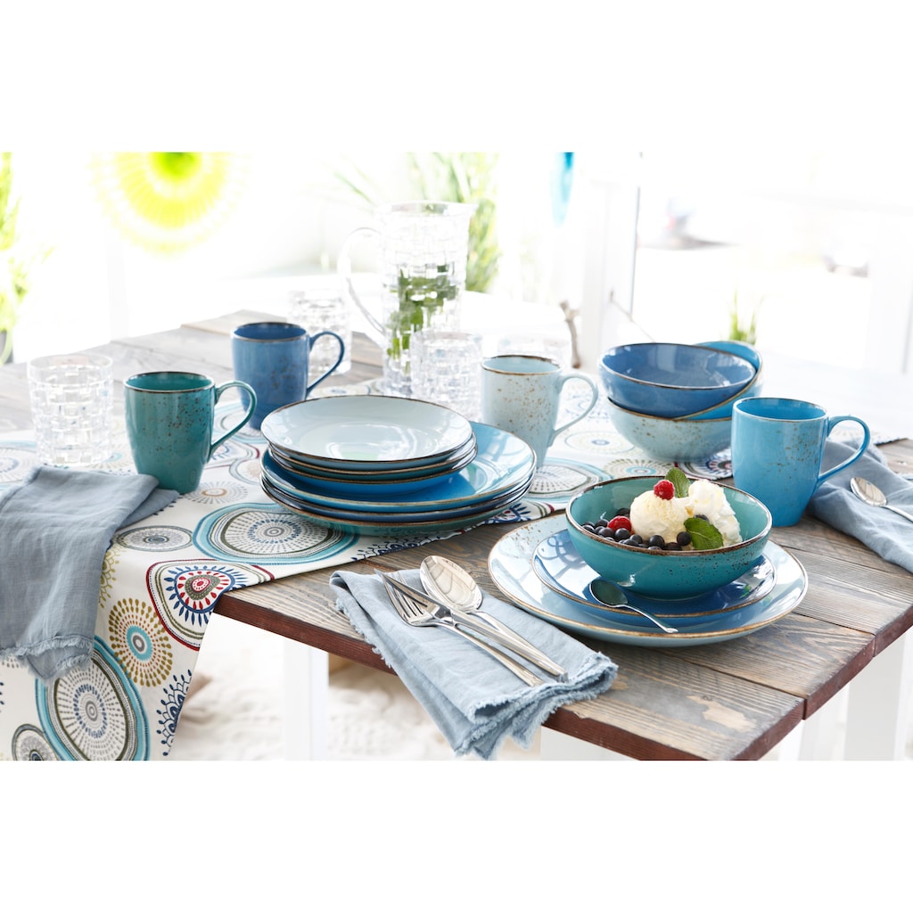 CreaTable Kombiservice »Geschirr-Set NATURE COLLECTION Aqua«, (Set, 16 tlg., Kaffeeservice und Tafelservice im Set, für 4 Personen), Service, Trendaktuelle Blau-Töne, 16 Teile, für 4 Personen