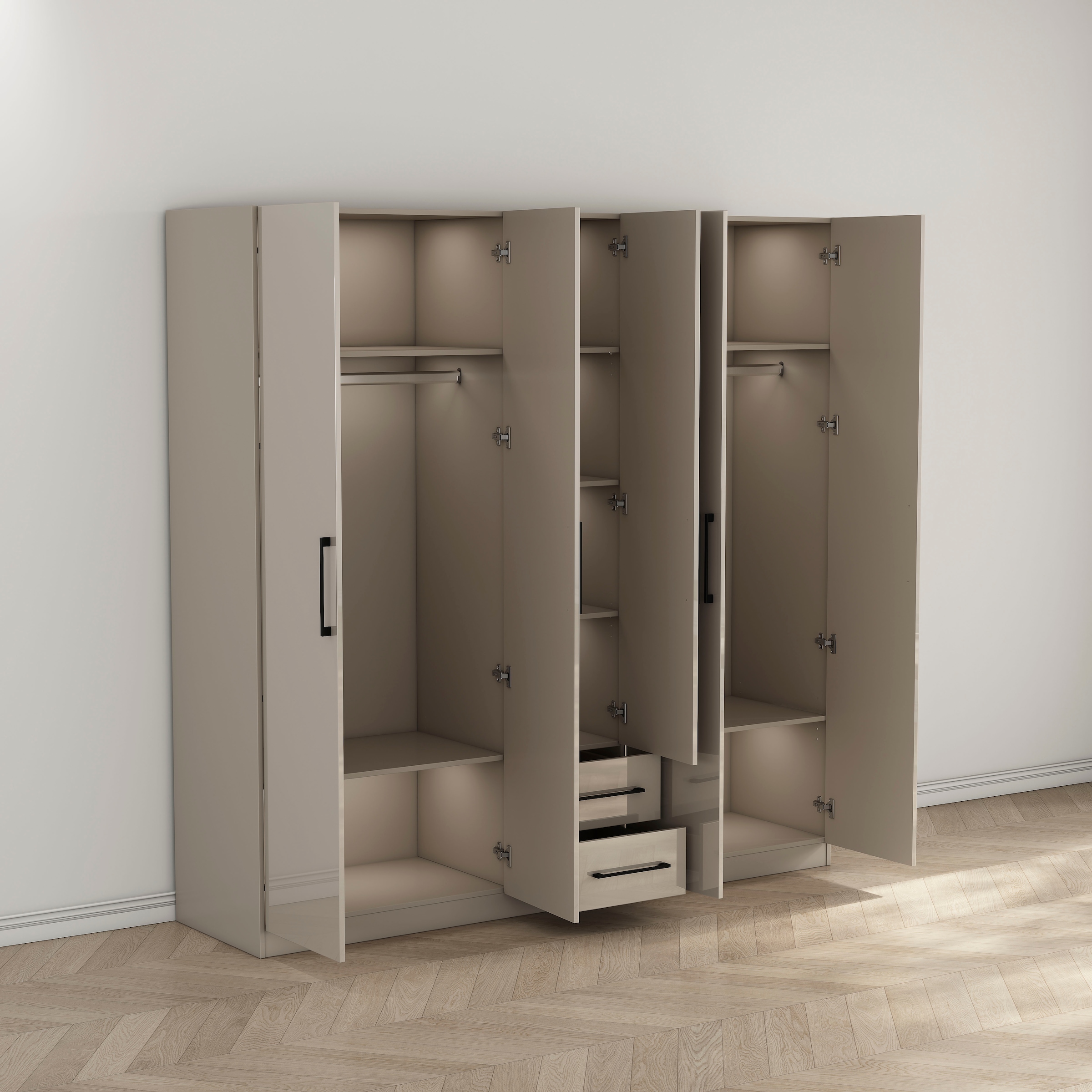 OTTO home Kleiderschrank »Sylt Schlafzimmerschrank Garderobe Schrank TOPSELLER in hochglanz weiß« 5 Türen, 2 Schubladen, schwarze moderne Griffe, 7 Einlegeböden,  Drehtürenschrank mit perfekter Innenausstattung, Breite 200cm