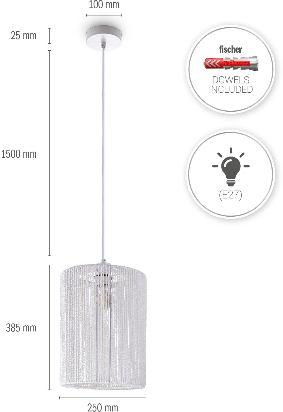 Paco Home Pendelleuchte »Hugo Ricarda«, Leuchtmittel E27 | ohne Leuchtmittel, Wohnzimmer Esszimmer Rattan Optik Boho Lampenschirm Papier Rund