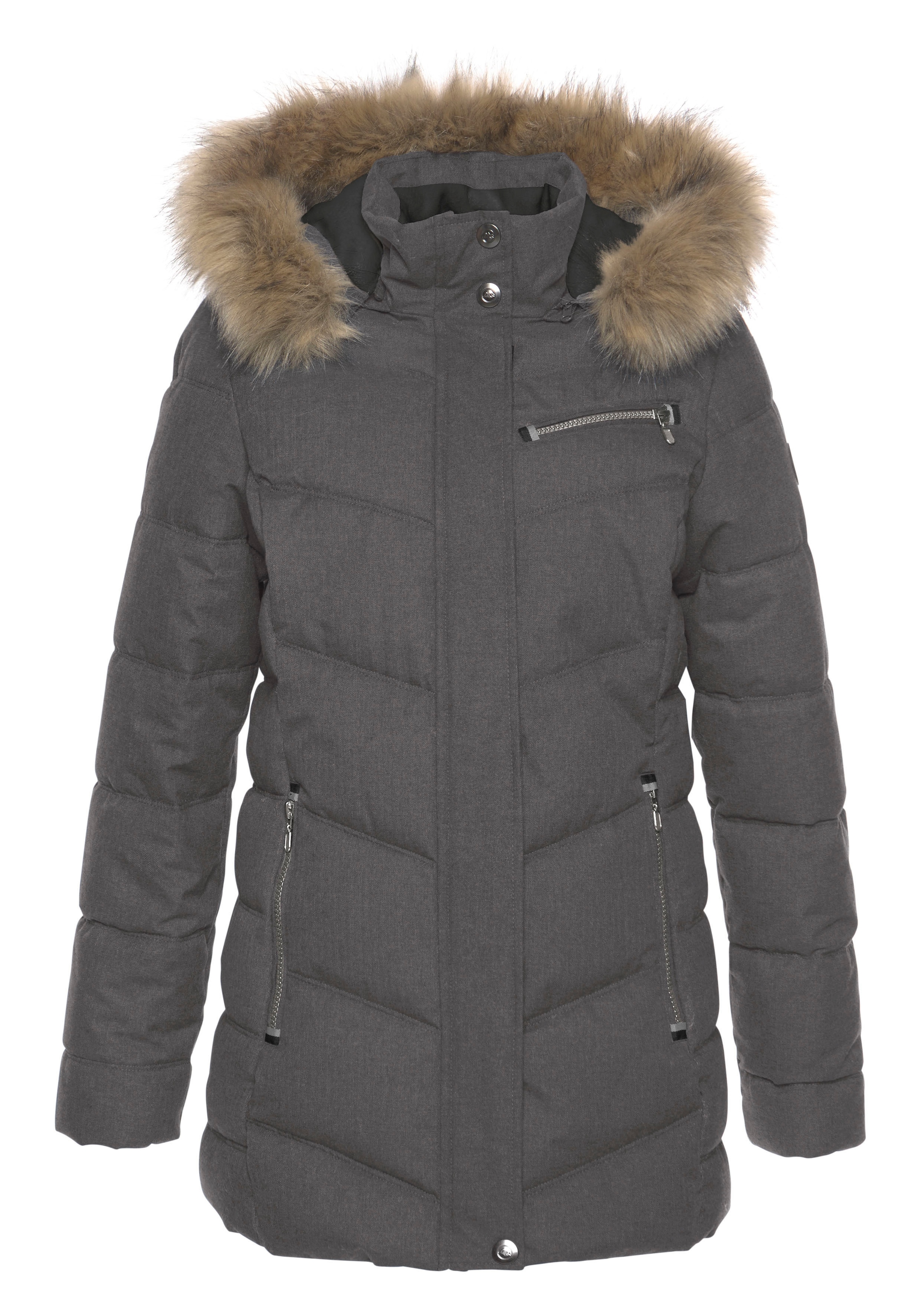 Polarino Steppjacke, mit Kapuze, mit abnehmbarer Kapuze, mit Fellimitat, viele Taschen