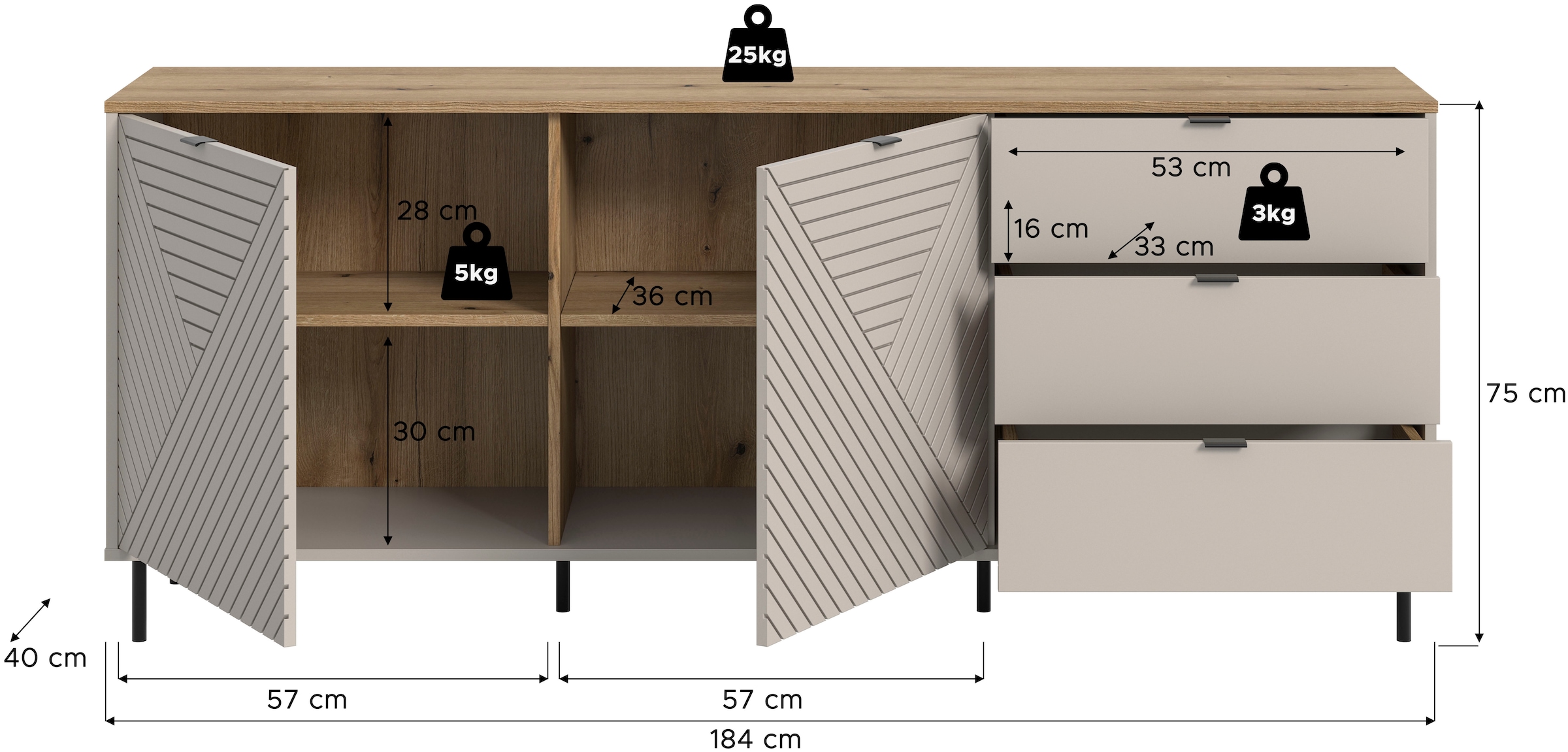 Home affaire Sideboard »RAITA, Breite 184 cm, Front mit Desgin-Fräsung, 2 Türen, viel Stauraum« moderne Farbkombi, individuell einsetzbar, Griffe & Füße aus Metall,  Kommode, Anrichte, Schrank, Highboard, TV-Board