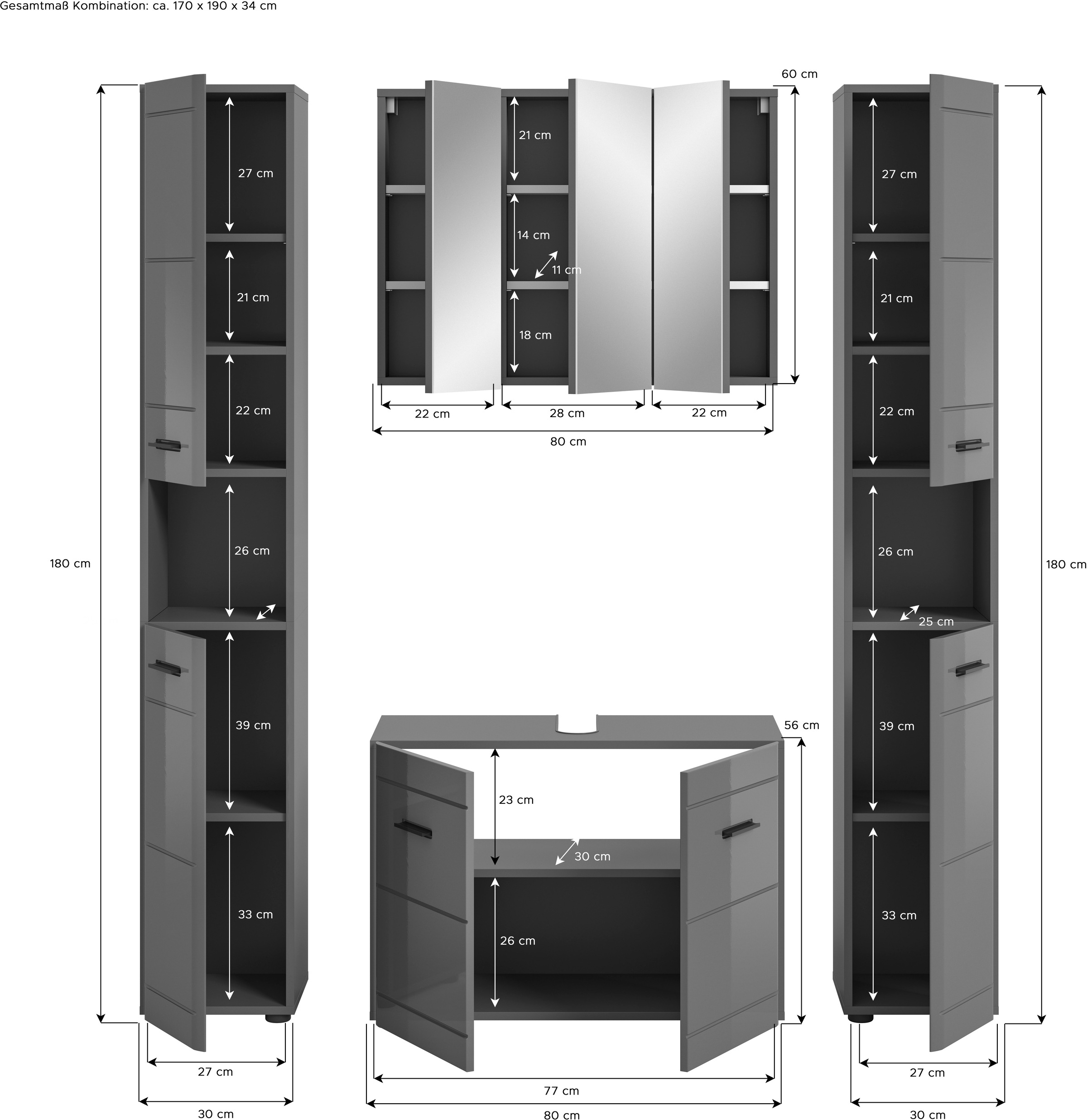 welltime Badmöbel-Set »Doux, bestehend aus: 2x Hochschrank, Waschbeckenunterschrank,«, (4 St.), Spiegelschrank, hochwertige hochglanz MDF Front mit Rillenfräsung