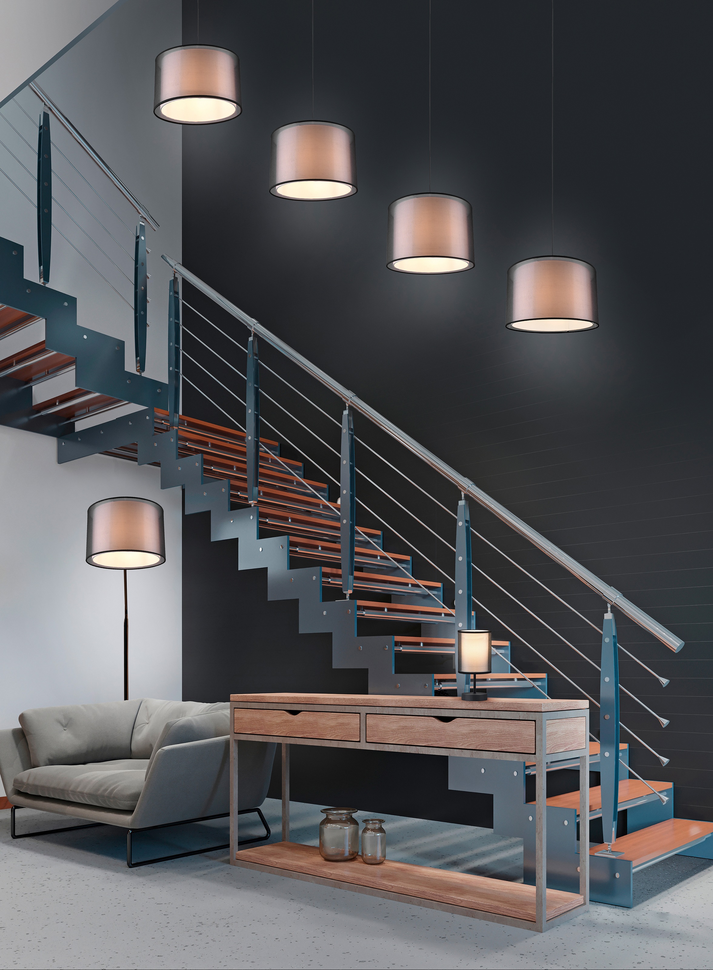 Places of Style Stehlampe »Liotta«, 1 flammig, Leuchtmittel E27 | Leuchtmittel wechselbar, mit Doppelschirm Textil, Fußschalter, transparenter Organza-Schirm