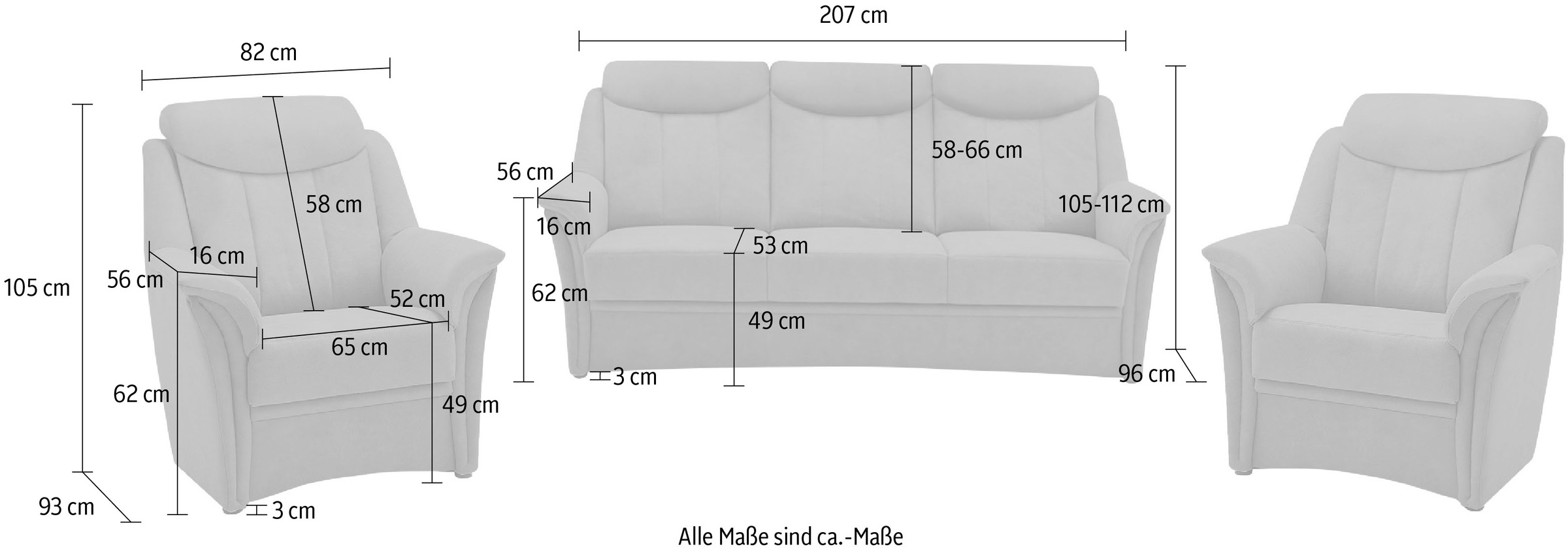 VILLA BECK Polstergarnitur »Lugano«, (Set, 3 tlg.), Kopfteilverstellung, in Sitzhöhe 49 cm, 3-Sitzer und 2x Sessel