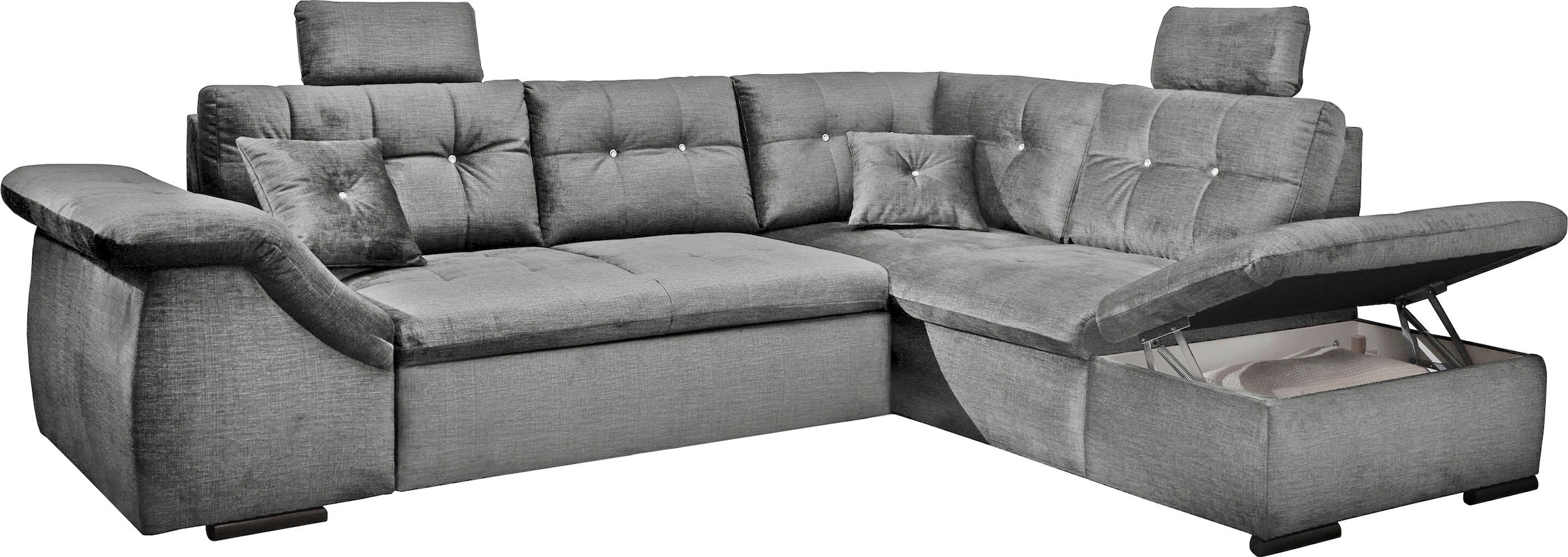 ED EXCITING DESIGN Ecksofa »Bolonia L-Form«, mit Bettfunktion, Bettkasten, Kopfstützen & 2 Zierkissen, Strasstein