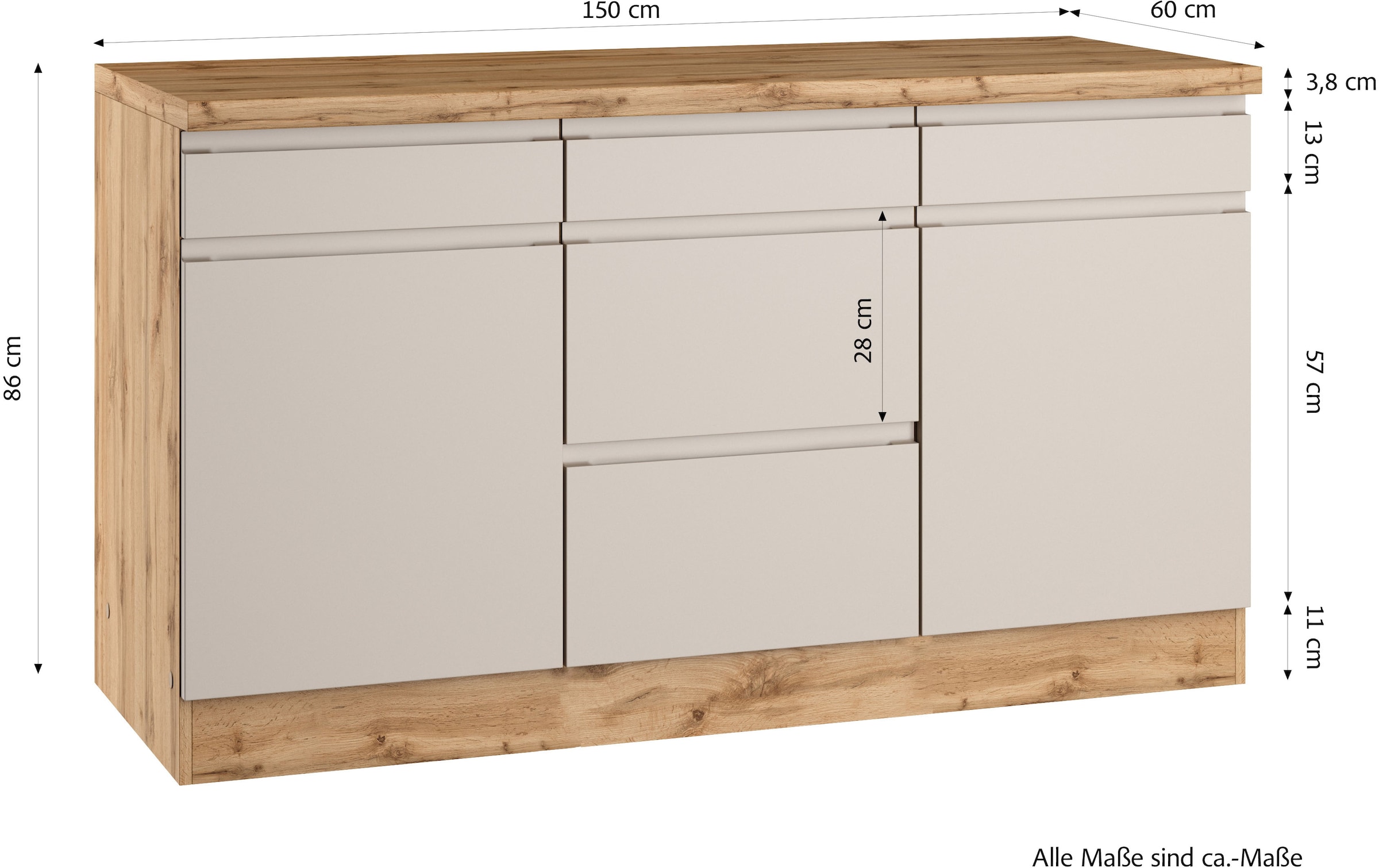 KOCHSTATION Unterschrank »KS-Virginia,neu in verbesserter Ausführung« Breite 150 cm, 2 Türen, 3 Schubkästen, 2 Auszüge