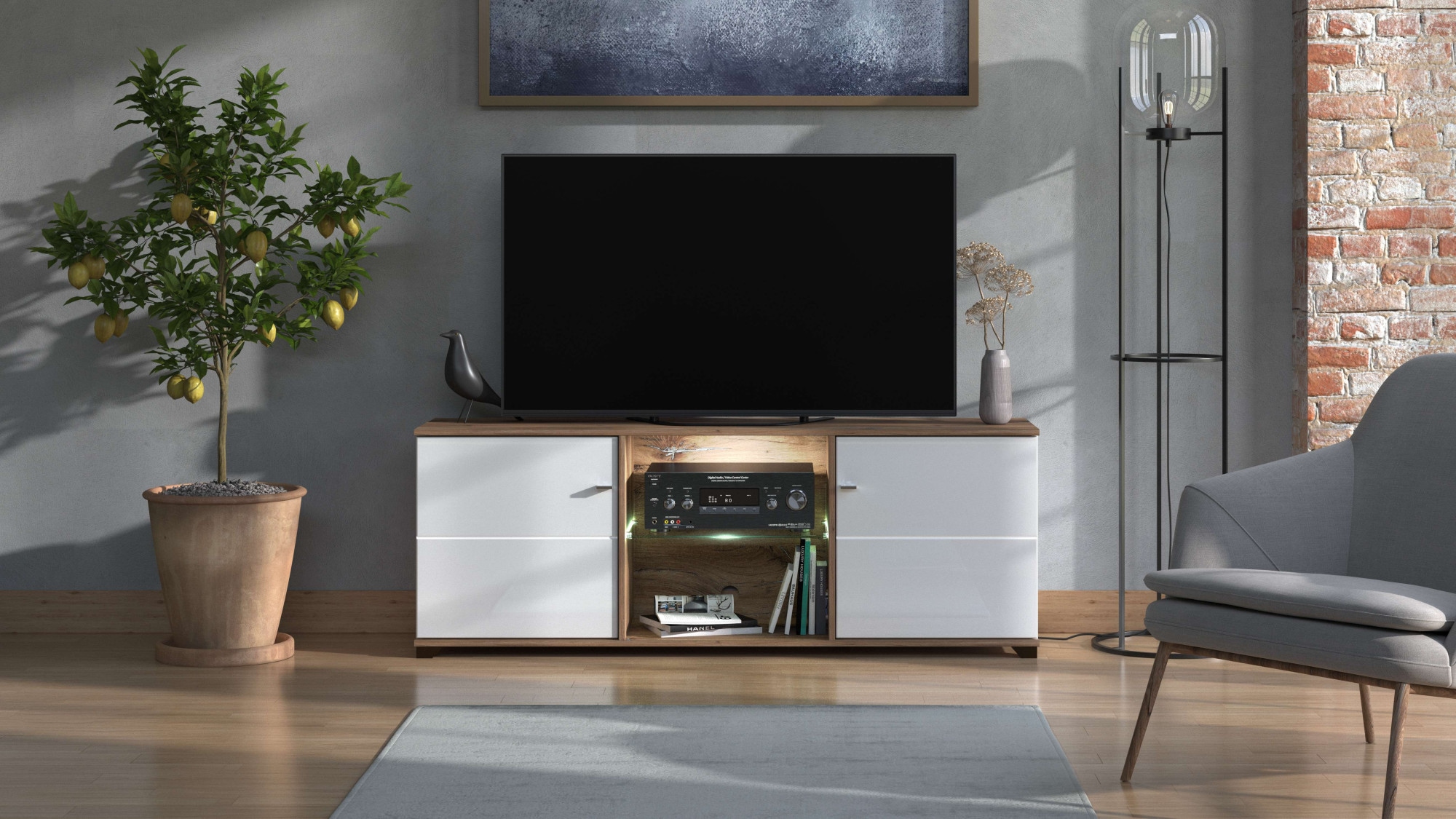 INOSIGN TV-Board »Burgundy Lowboard, TV-Schrank, TV-Ständer, Hochglanzfonten«, Hochglanzfronten und eine Innenausstattung in Flagstaff Eiche