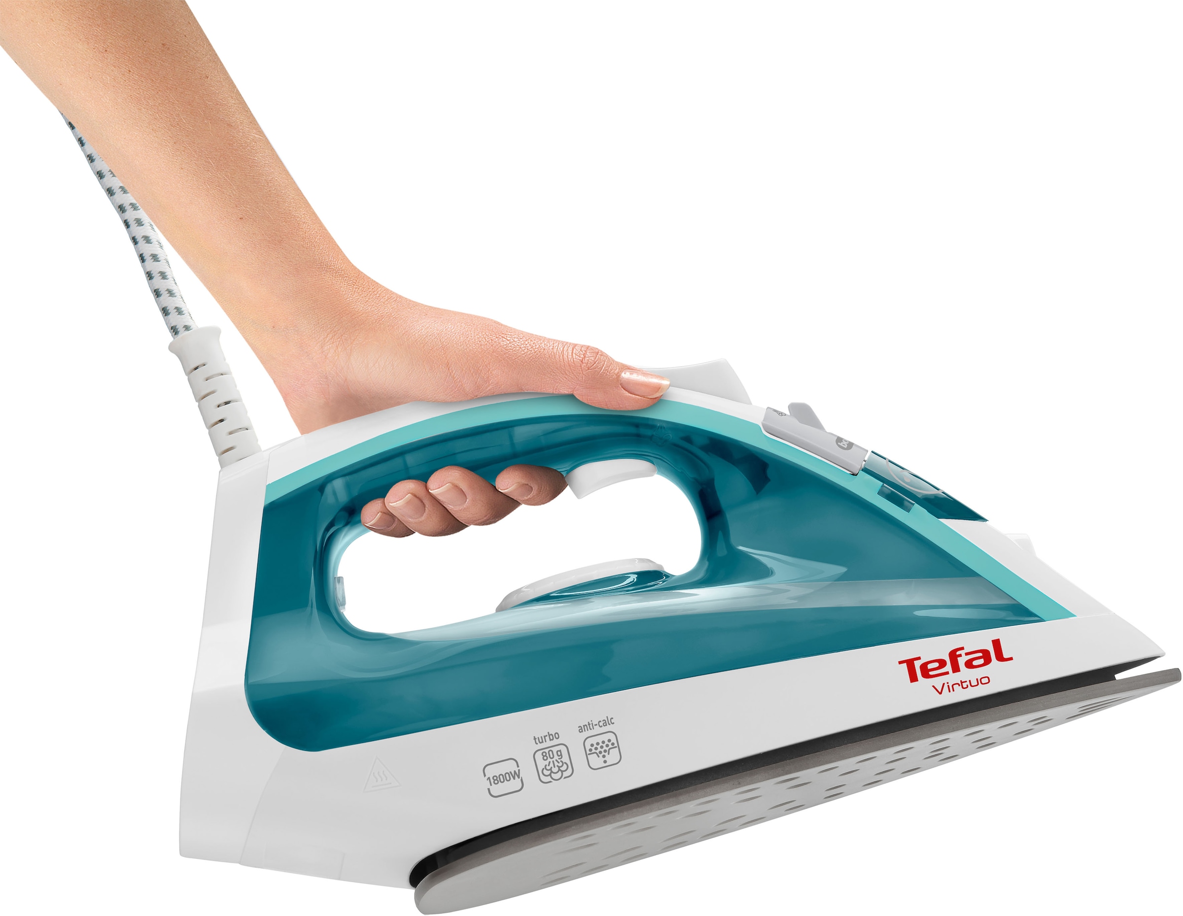 Tefal Dampfbügeleisen »FV1710 Virtuo, 1800 Watt, 80 g/Min. Dampfstoß«, 1800 W, 20 g/Min. kontinuierlicher Dampf, Antihaft-Bügelsohle, weiß/türkis