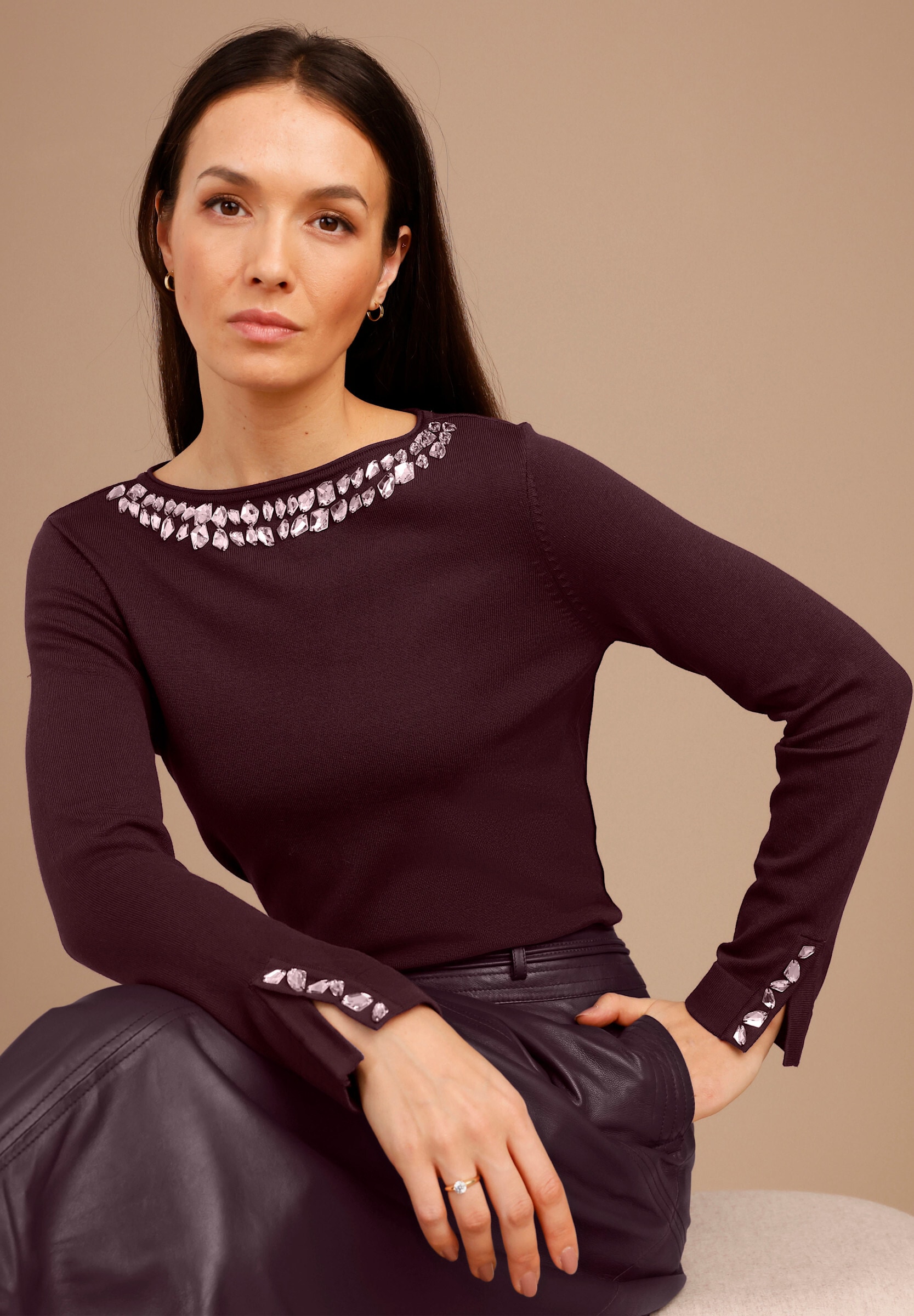 creation L Strickpullover »Lyocell-Viskose-Pullover Langarm-Pullover mit Strass-Applikationen«