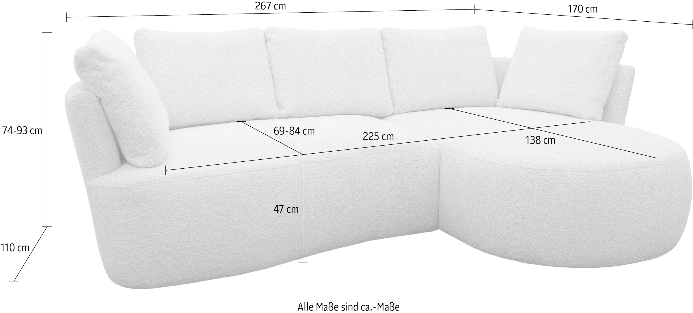 DOMO collection Ecksofa »Lumin, B/T: 267/170 cm, abgerunde Form, charmantes Design, cozy chic« Mit Federkern und 5 Rückenkissen ausgestattet