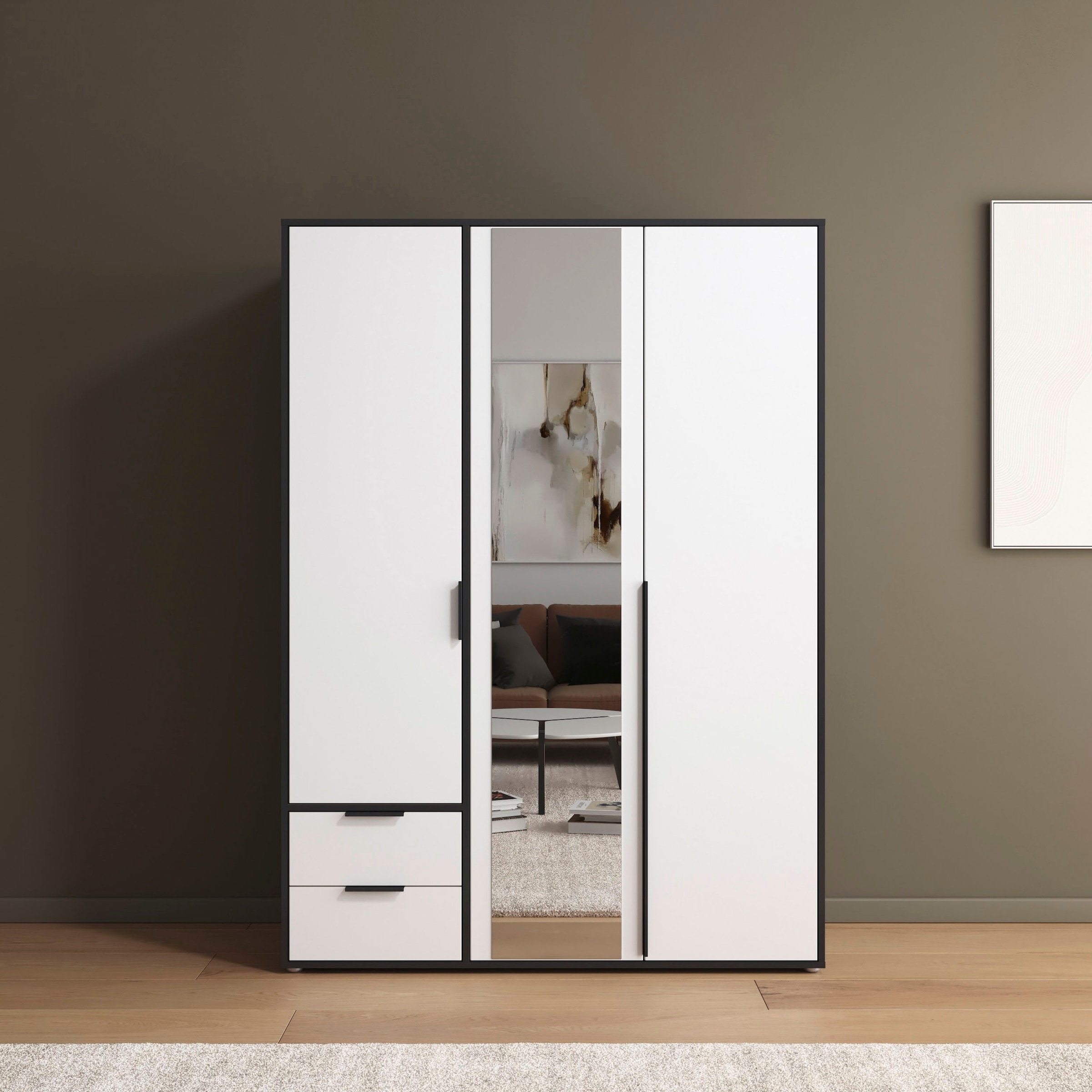 rauch Drehtürenschrank »Kleiderschrank Schrank Garderobe Wäscheschrank NAGATA mit Spiegel«, (in 3 verschiedenen Ausstattungen BASIC/CLASSIC/PREMIUM), und Schubladen sowie Stangengriffen TOPSELLER MADE IN GERMANY