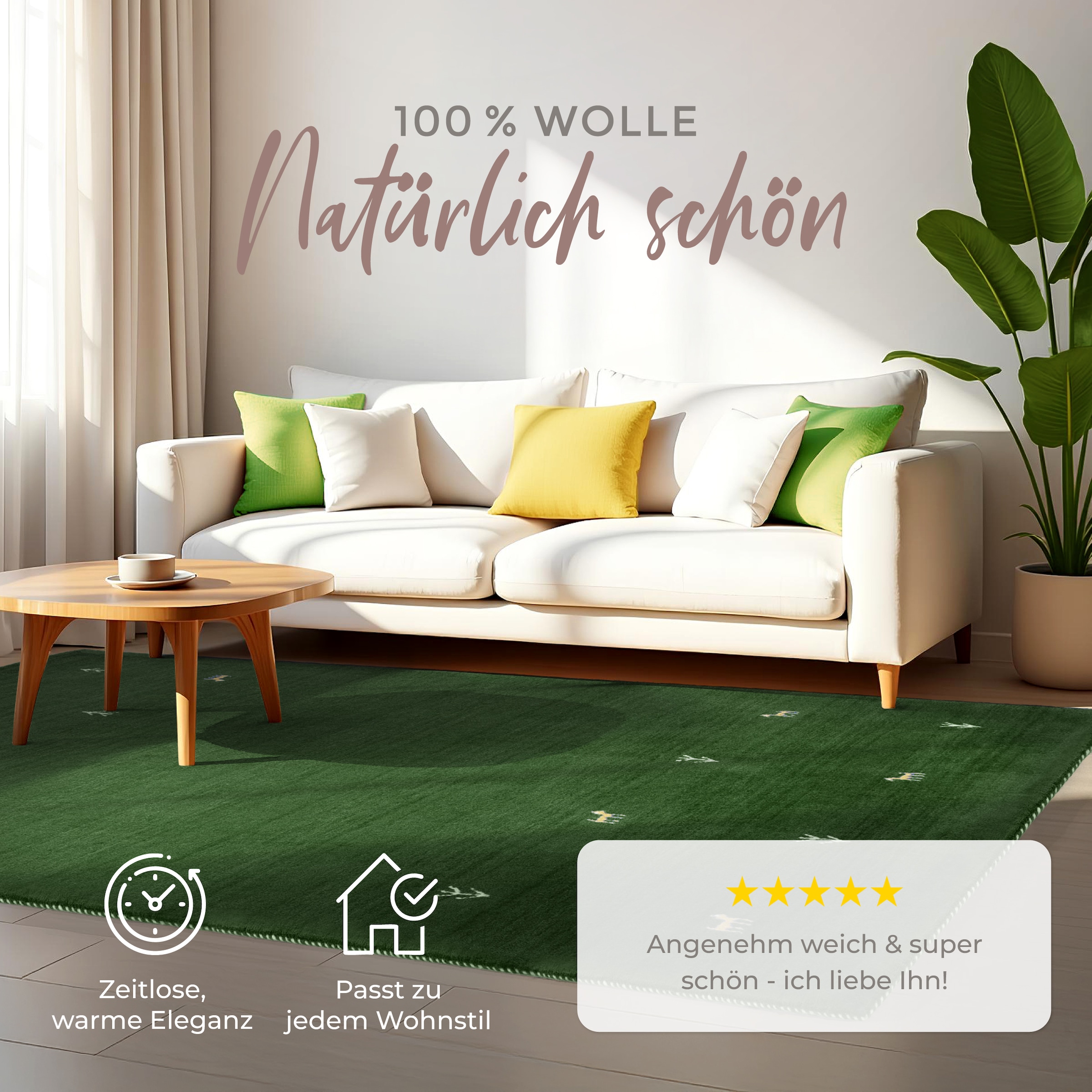 carpetfine Wollteppich »Gabbeh Uni,  auch als Läufer und Rund erhältlich« rechteckig 15 mm Höhe reine Wolle, handgewebt, Gabbeh Loom Tiermotiv, große Farbauswahl