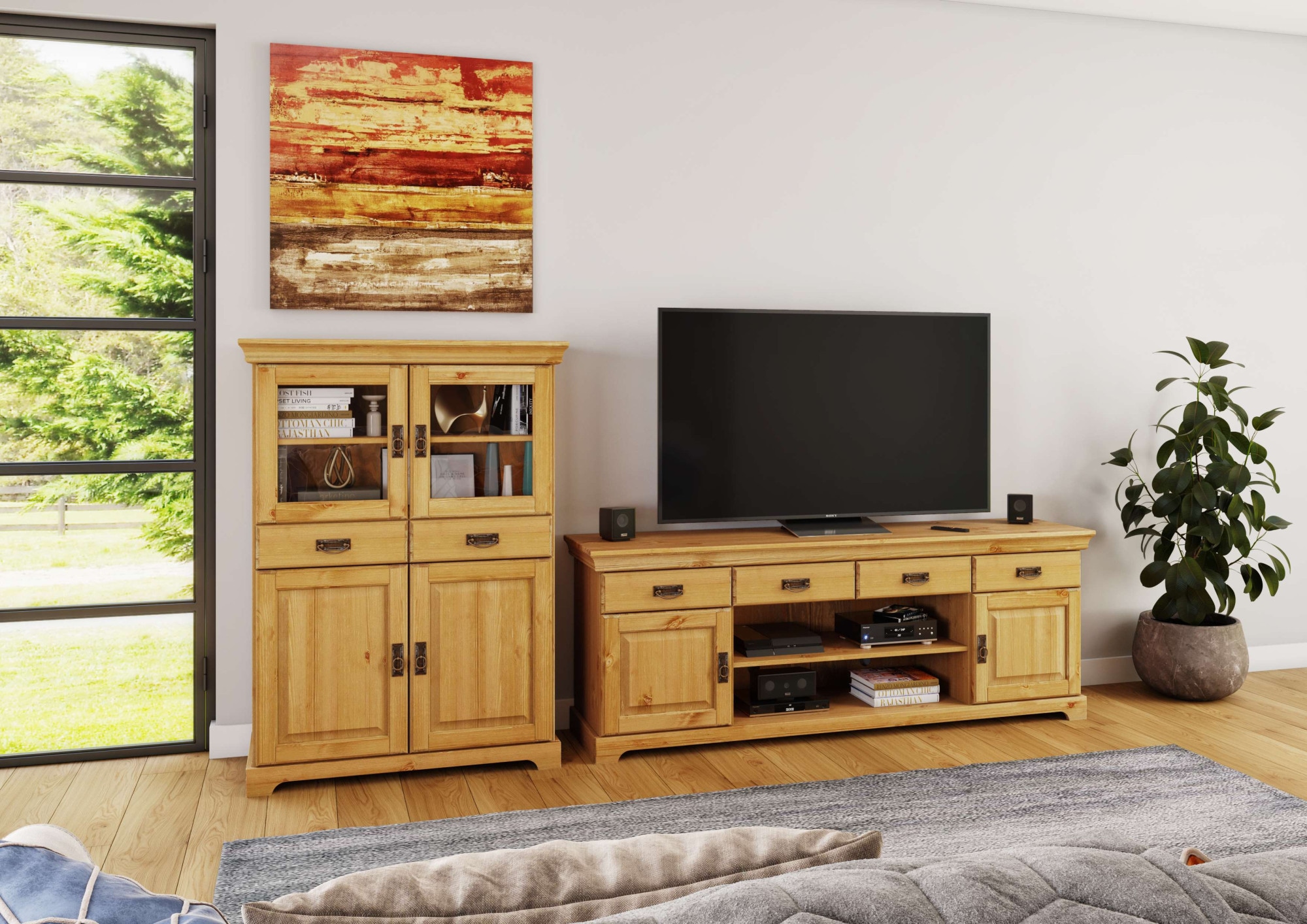 Home affaire Highboard »Rügen«, Vitrine im Landhausstil, zertifiziertes Massivholz, Höhe 131 cm