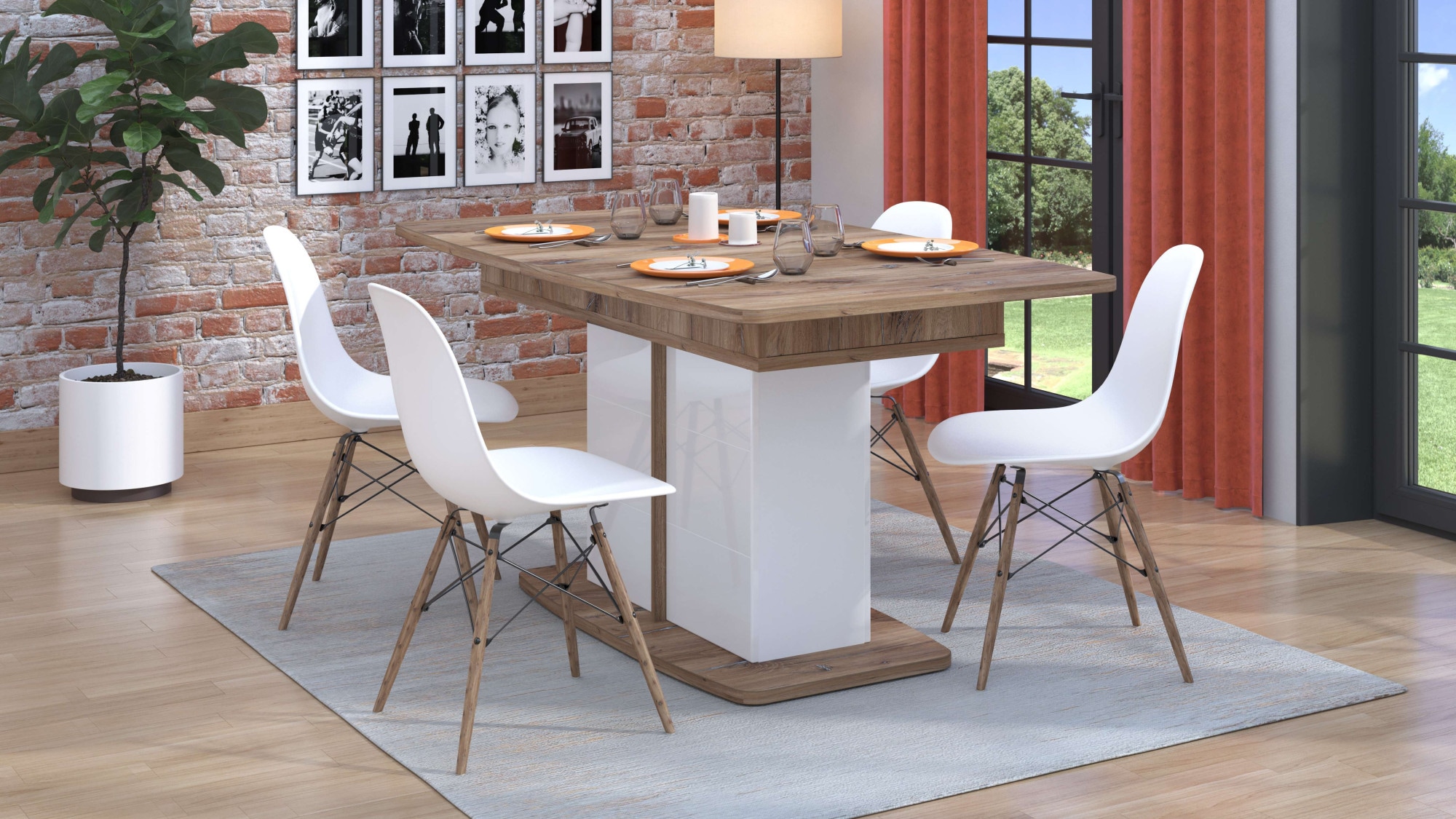 INOSIGN Esstisch »Burgundy 160 cm, modernes Design, Verlängerbar durch Einlegeplatte« max. Breite 200 cm, Farbkombination aus Flagstaf Eiche und Weiß