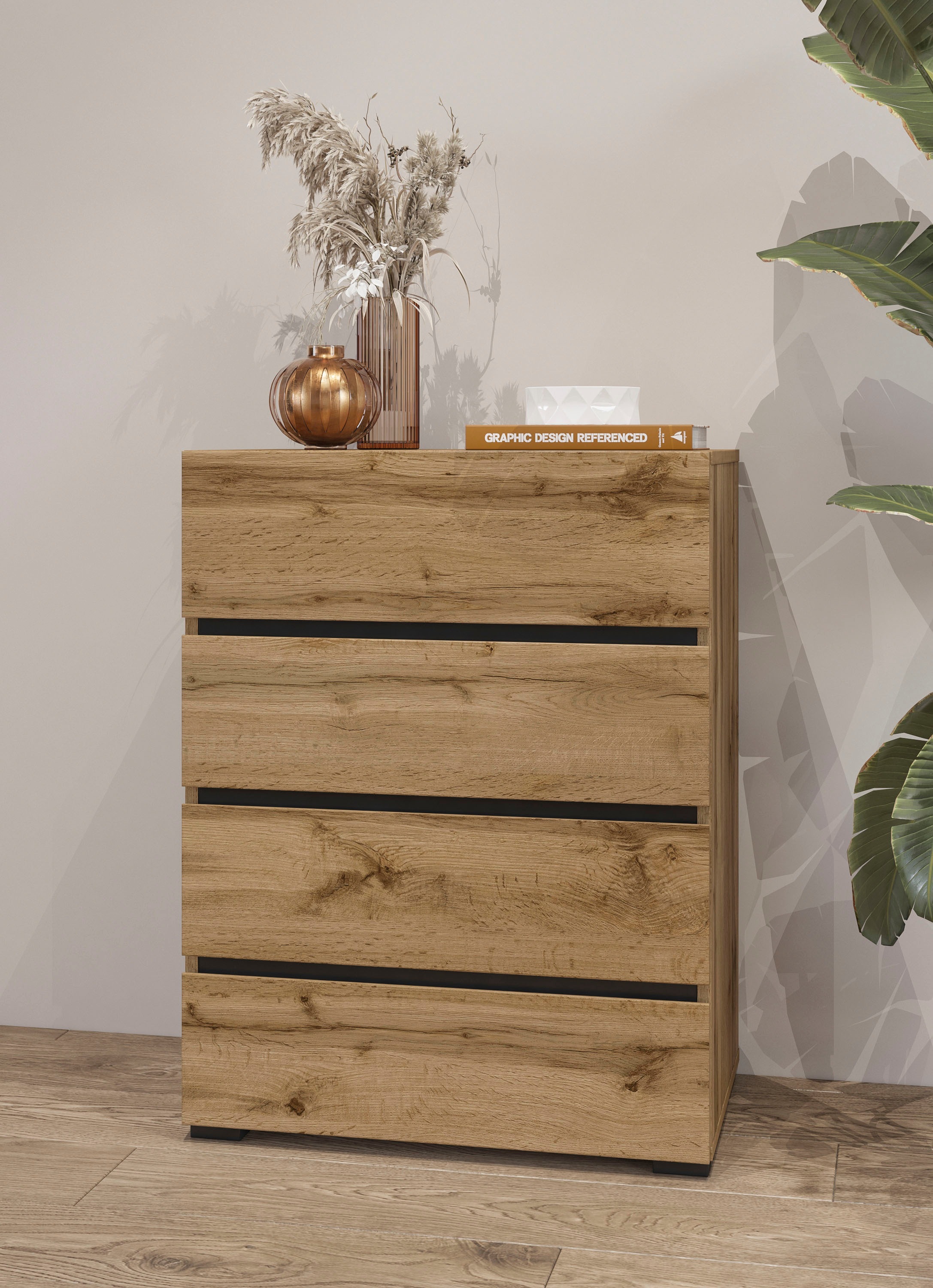 INOSIGN Kommode »Cross,Breite 60 cm, moderne grifflose Sideboard,4 Schubkästen«, Schubladenschrank mit viel Stauraum, Flur Highboard