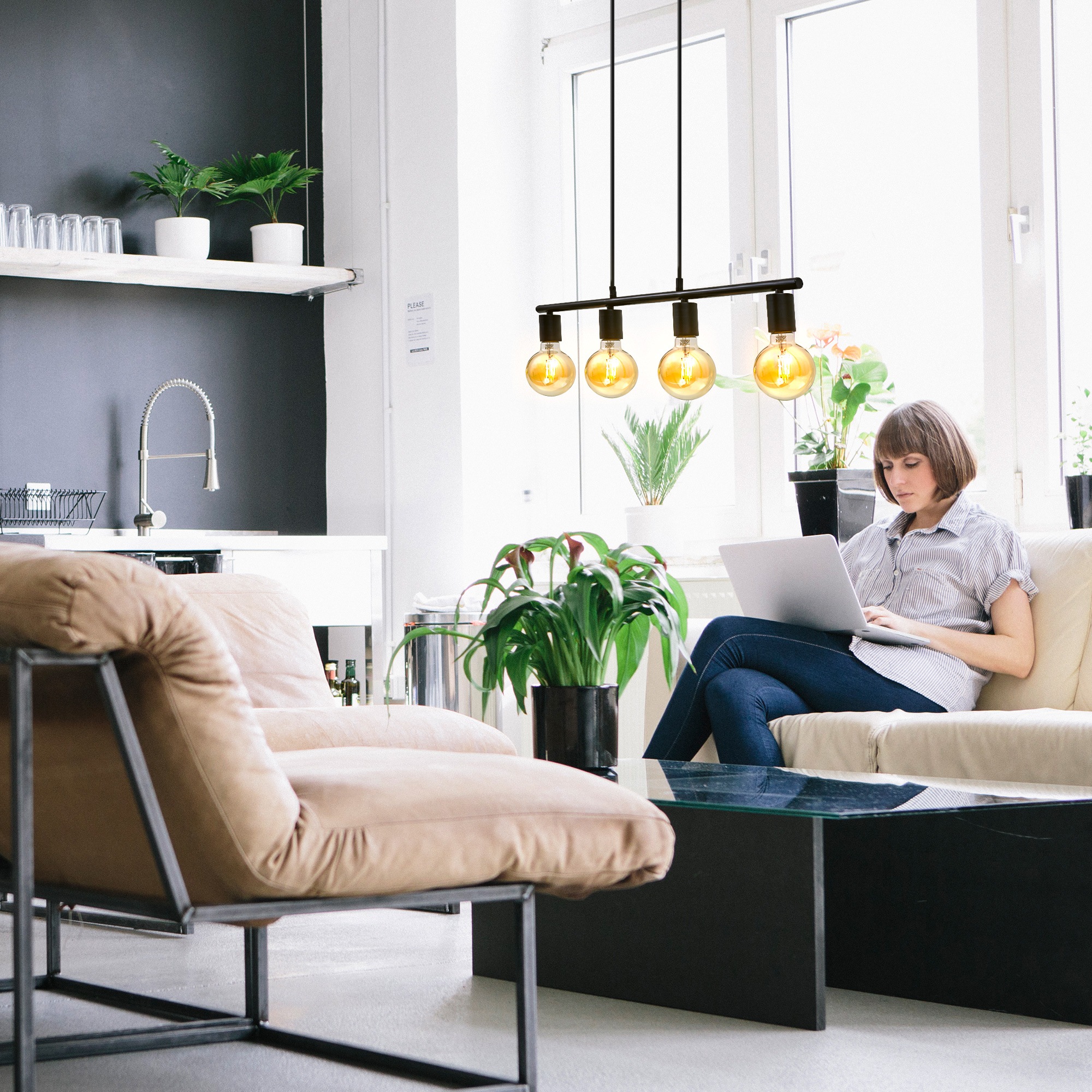 B.K.Licht LED Pendelleuchte »Nordic«, 4 flammig, Leuchtmittel E27 | ohne Leuchtmittel-Leuchtmittel wechselbar, Hängeleuchte, Hängelampe, Retro, Industrie, matt-schwarz, E27, Spot