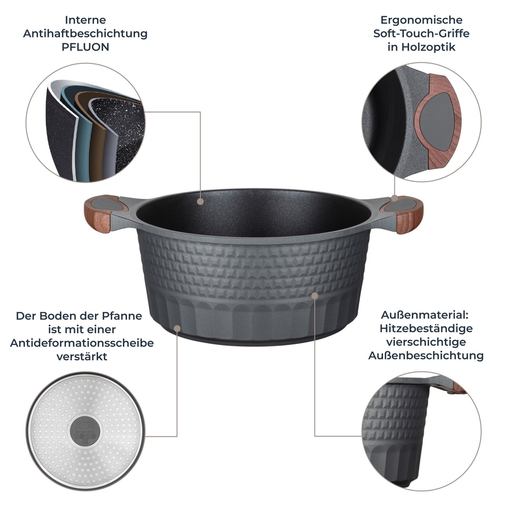 RESTO Kitchenware Topf-Set »Capella mit Deckel, antihaftbeschichtet und spülmaschinenfest« Set, 1x Stielkasserolle Ø 16 cm, je 1x Bratentopf Ø 24 cm + Ø 28 cm, 6 Stk. tlg. Aluminiumguss