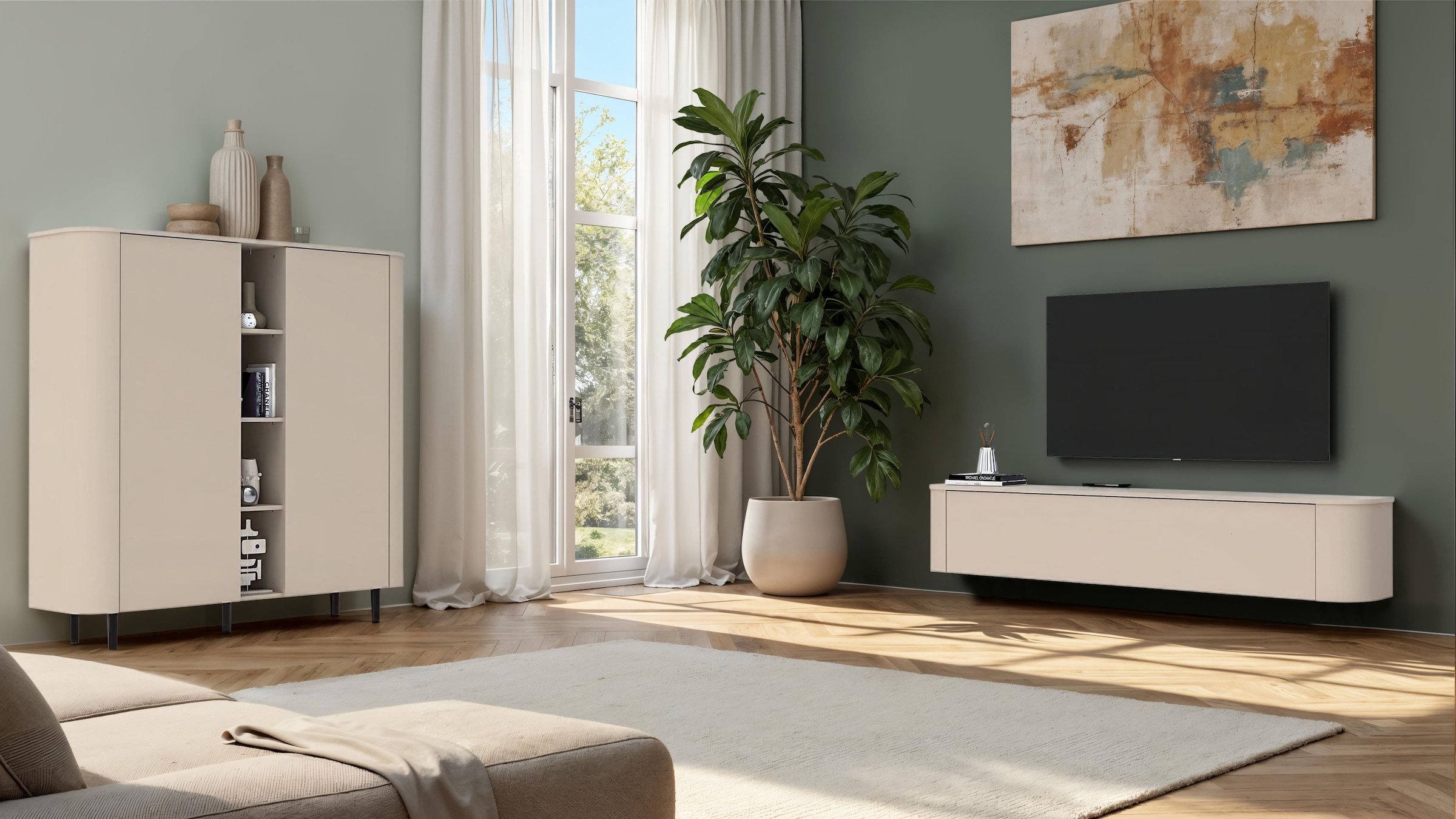 INOSIGN Lowboard »Lido, 181 cm breit, 1 Klappe, TV-Schrank, TV-Kommode, Medienboard« Formgebogenes MDF, Stirnseiten Rundung, Push-to-open, hängend/stehend