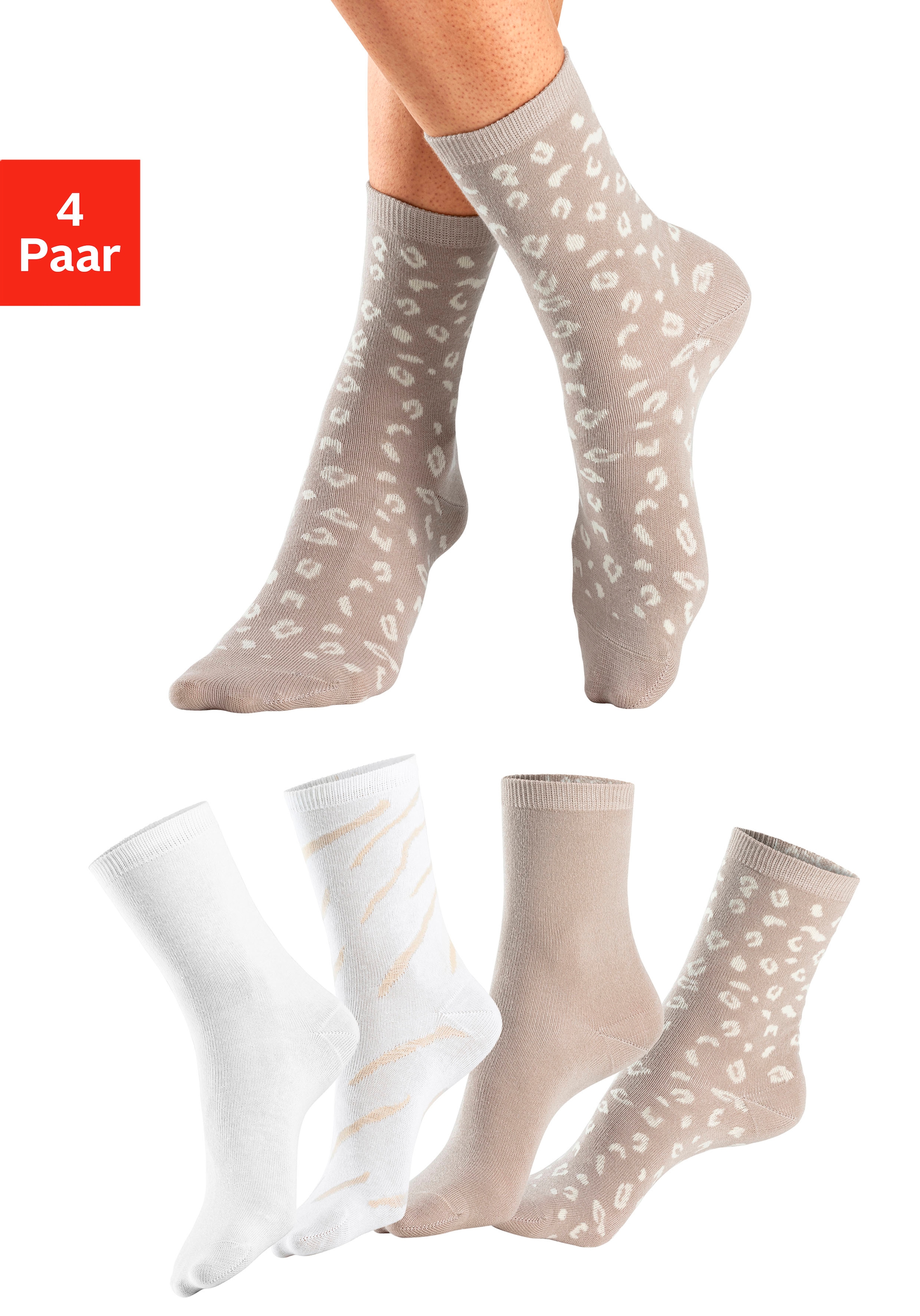 LASCANA Basicsocken, (Packung, 4 Paar), uni und mit animal Design