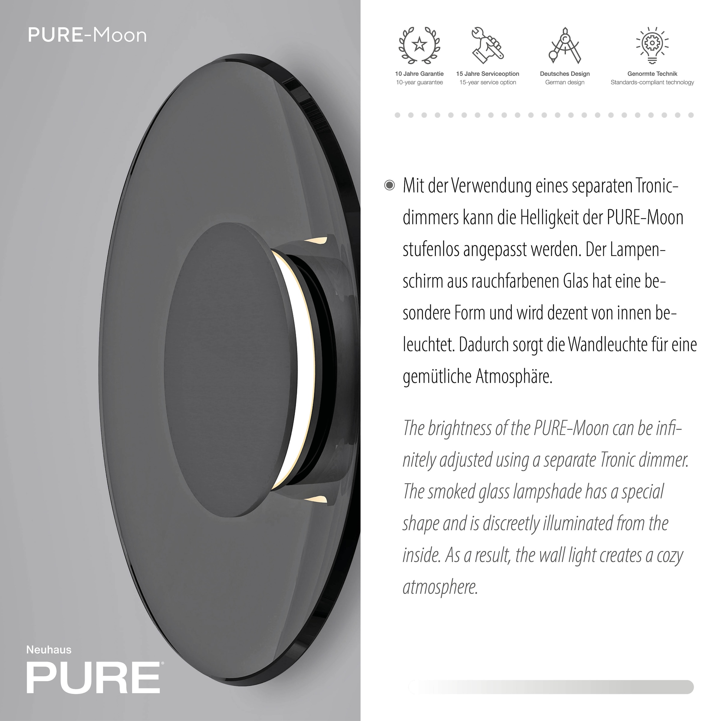 Neuhaus PURE LED Wandleuchte »PURE Moon« LED-Board 1 Stk. Warmweiß Dimmfähig über separaten Dimmer, Glas Rauchfarben