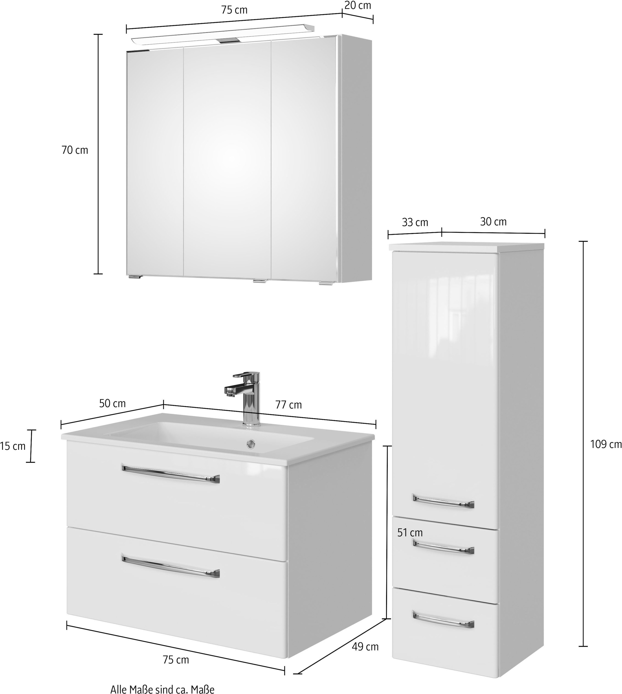 Saphir Badmöbel-Set »Badmöbel-Set Trentino 3-tlg Mineralmarmorwaschtisch,LED-Spiegelschrank«, (4 St.), Badezimmer-Set mit Midischrank inkl. Türdämpfer