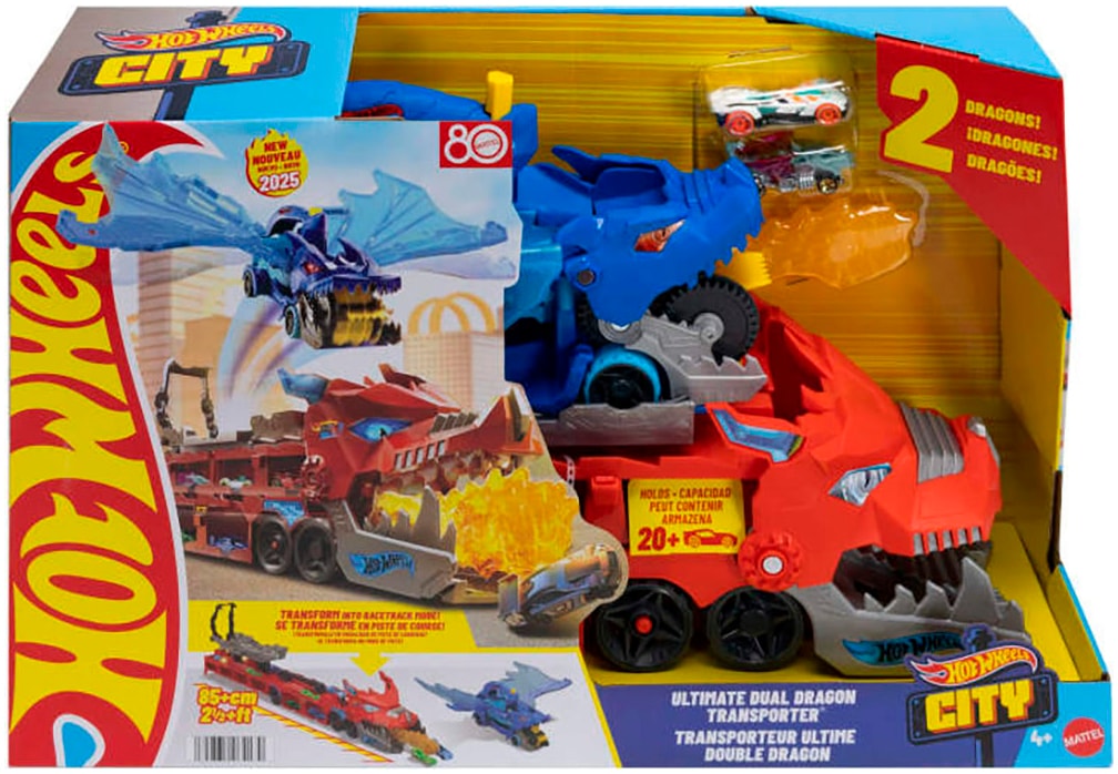 Hot Wheels Spielzeug-Monstertruck »Hot Wheels City Ultimativer 2-in-1 Drachen Transporter«, Inklusive 2 Hot Wheels Die-Cast-Fahrzeuge im Maßstab 1:64