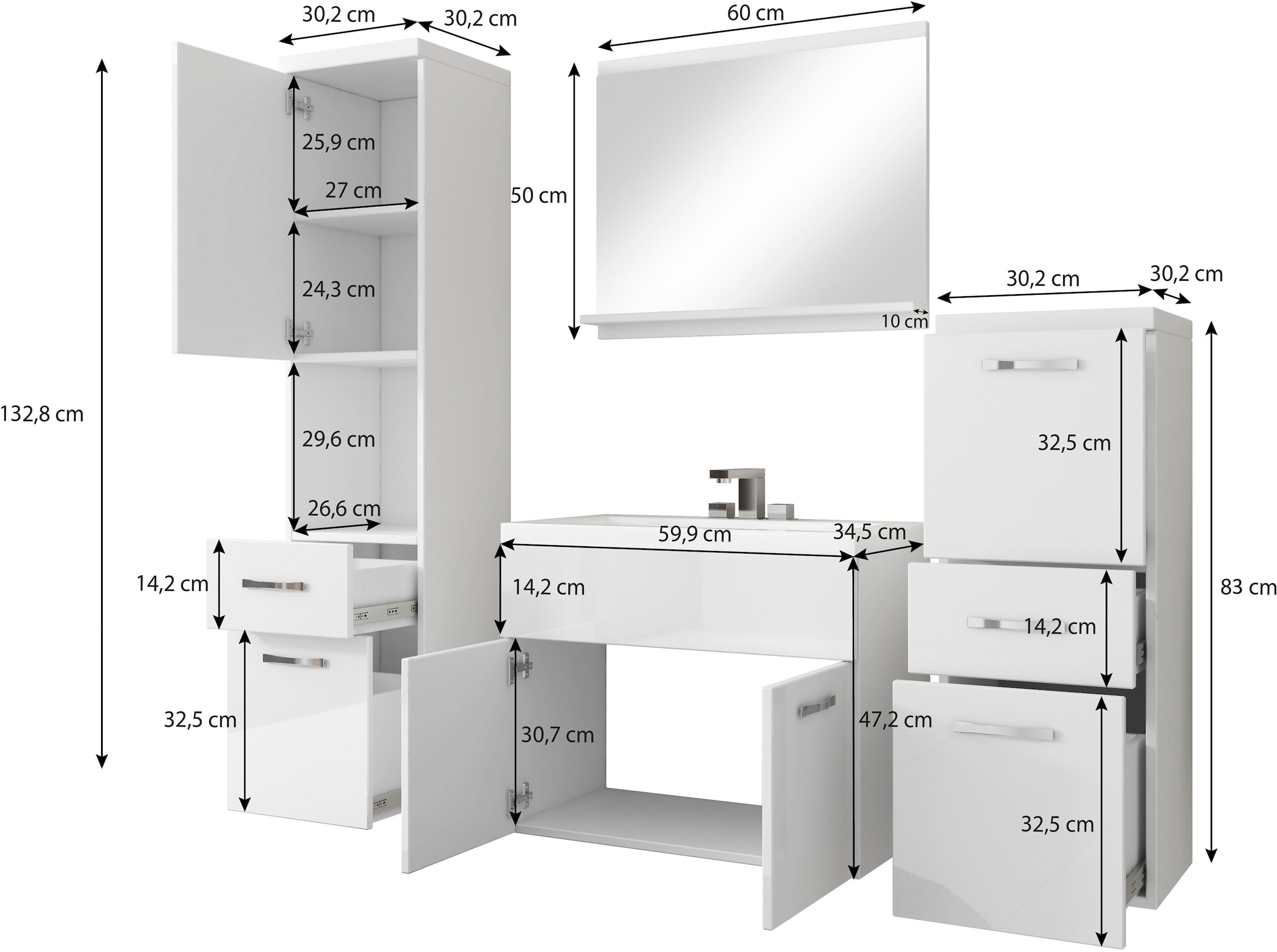 welltime Badmöbel-Set »ELDA«, (Komplett-Set, 5 St.), Waschtisch inkl. Waschbecken, Hochschrank, Badschrank und Spiegel