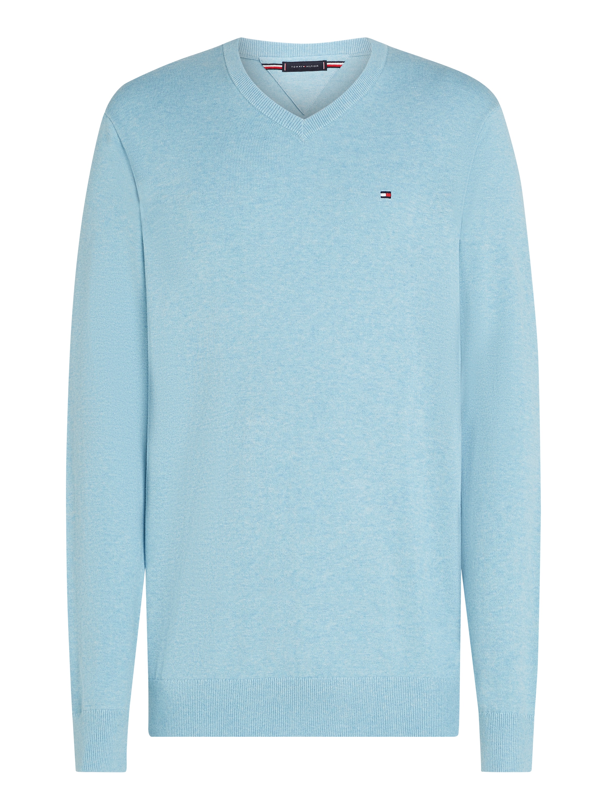 Tommy Hilfiger Strickpullover »ESSENTIAL COTTON V NECK mit V-Ausschnitt und Stickerei«, unifarben, casual, regular fit, Baumwolle, V-Ausschnitt