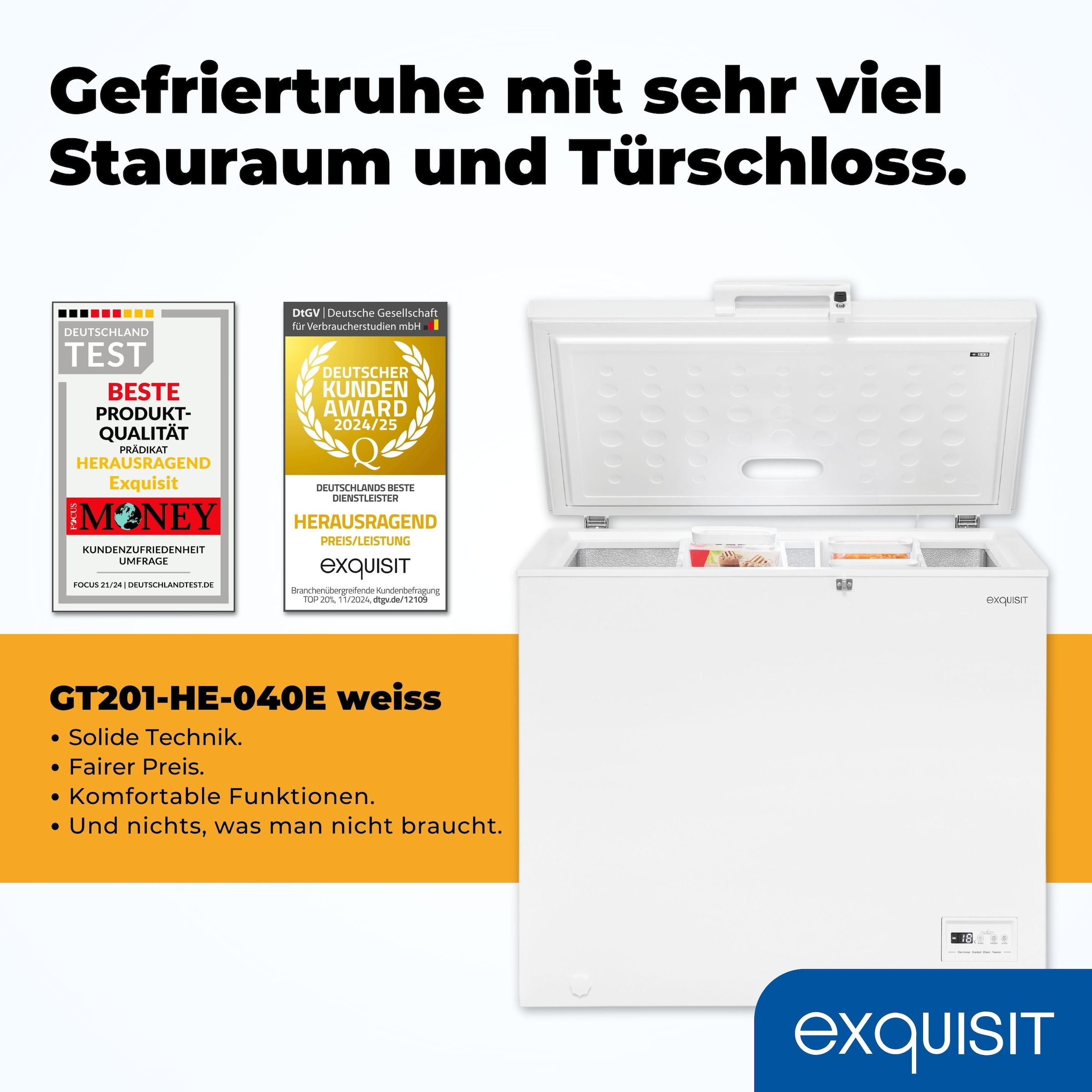 exquisit Gefriertruhe »GT201-HE-040E weiss« 88,6 cm hoch 93,4 cm breit Kompaktes Kühlen und Gefrieren – platzsparend in einem Gerät.