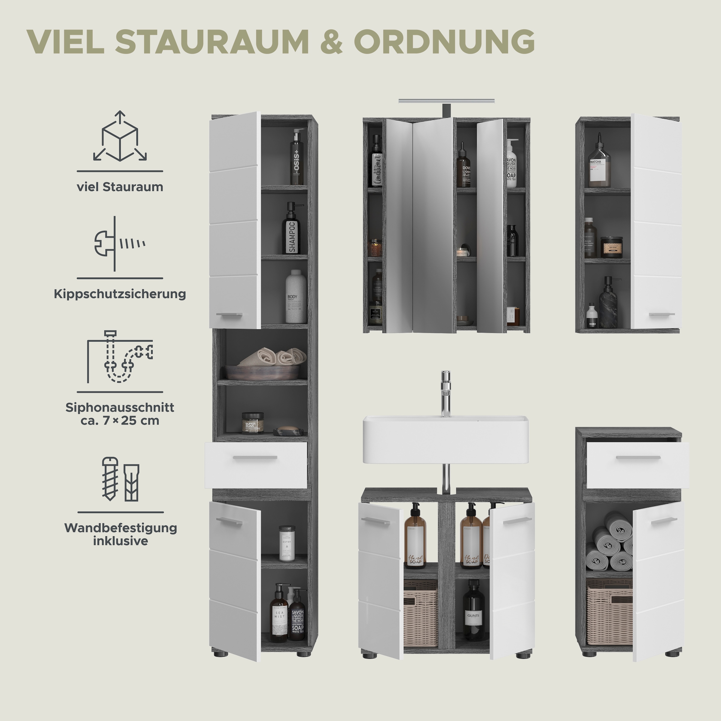welltime Badmöbel-Set »LUCCA, 5-teilig, TOPSELLER!, inklusive LED Beleuchtung, bestehend aus:«, (Set, 5 St.), Hochschrank, WBU, Spiegelschrank, Unterschrank, Hängeschrank