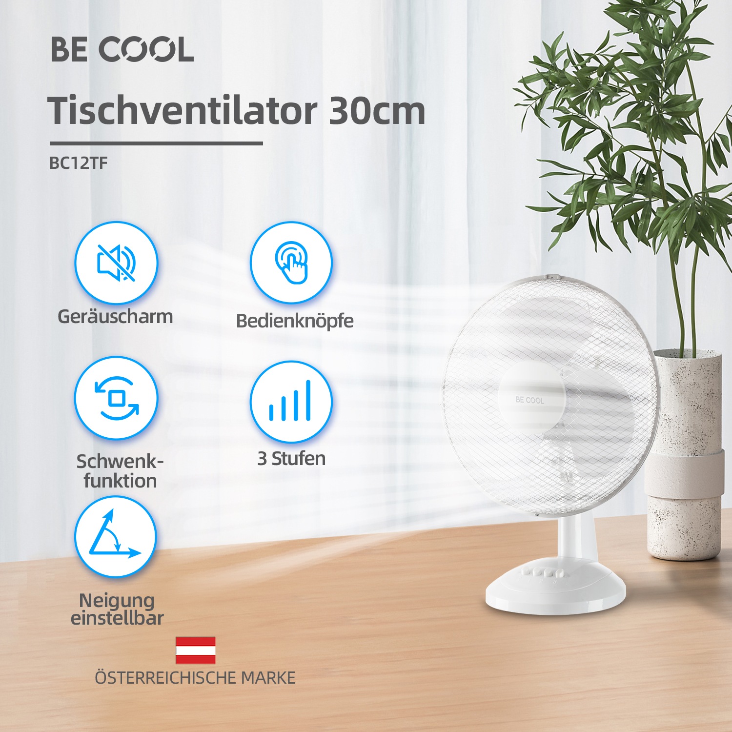 be cool Tischventilator »Tischventilator 30cm BC12TF weiß«, einfache Bedienung