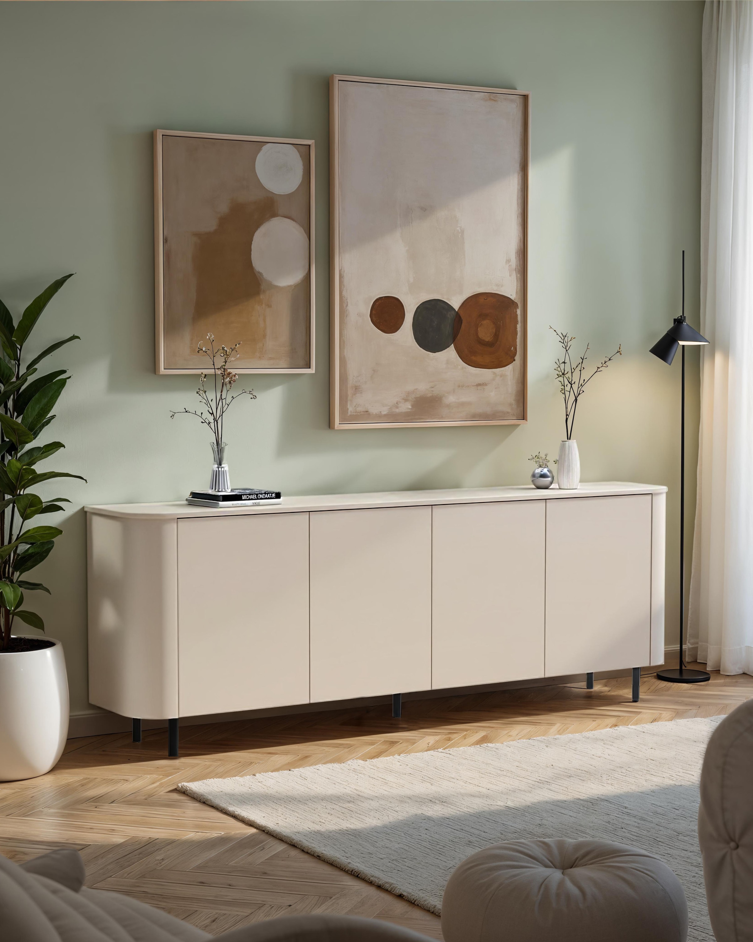 INOSIGN Sideboard »Lido, 231 cm breit, 4 Türen, Anrichte, Kommode, Stauraumschrank« Formgebogenes MDF, Stirnseiten mit Rundung, Push-to-open, Metallfüße