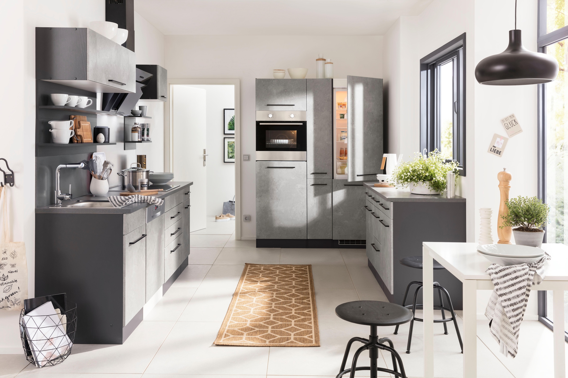 KOCHSTATION Küchenzeile »KS-Tulsa«, ohne E-Geräte, Breite 380 cm, schwarze Metallgriffe, MDF Fronten