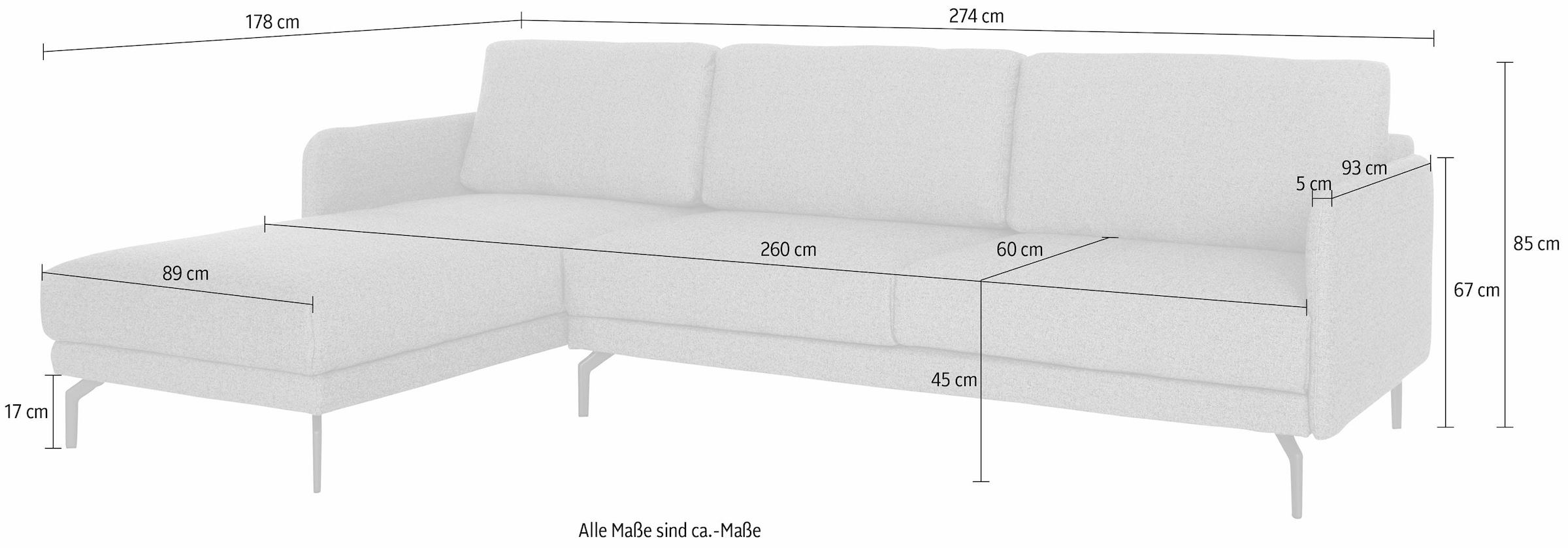 hülsta sofa Ecksofa »hs.450«, Armlehne Umbragrau Alugussfuß Breite OTTO schmal, 274 Online sehr Shop cm