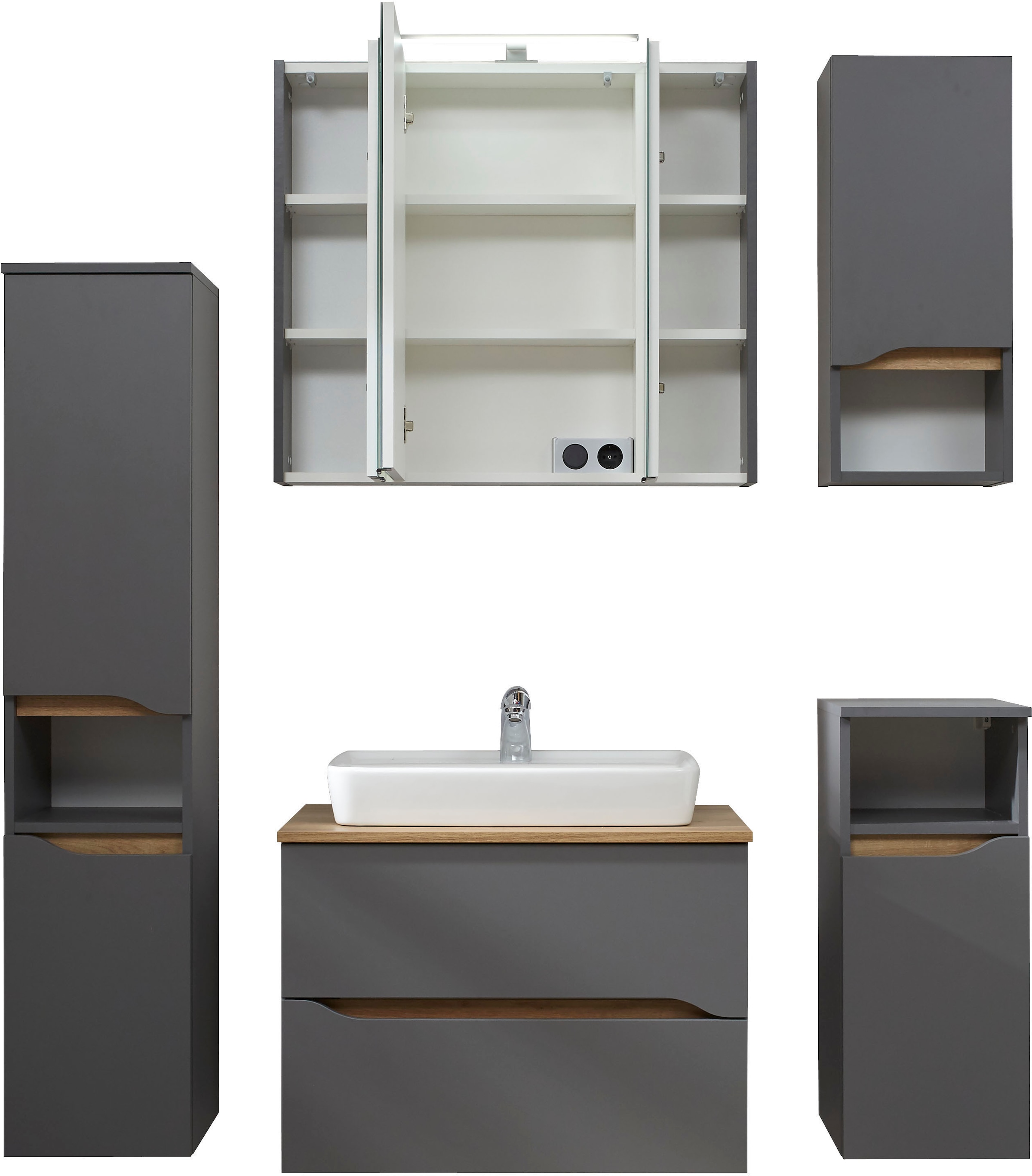 Saphir Badmöbel-Set »Quickset 5-teilig, Keramik-Aufsatzbecken und LED-Spiegelschrank«, (7 St.), Midischrank, Unterschrank, Hängeschrank, inkl. Türdämpfer, 7 Türen