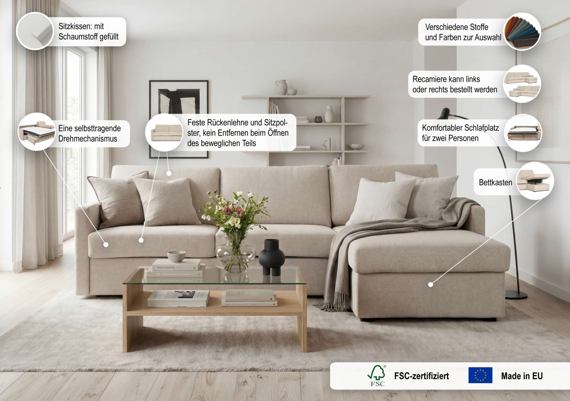 OTTO home Schlafsofa »GOLDPOINT Ecksofa 264 cm, Liegefläche (140/200cm), L-Form« Bettfunktion, Bonell-Federkernmatratze und Dauerschläfer-Funktion