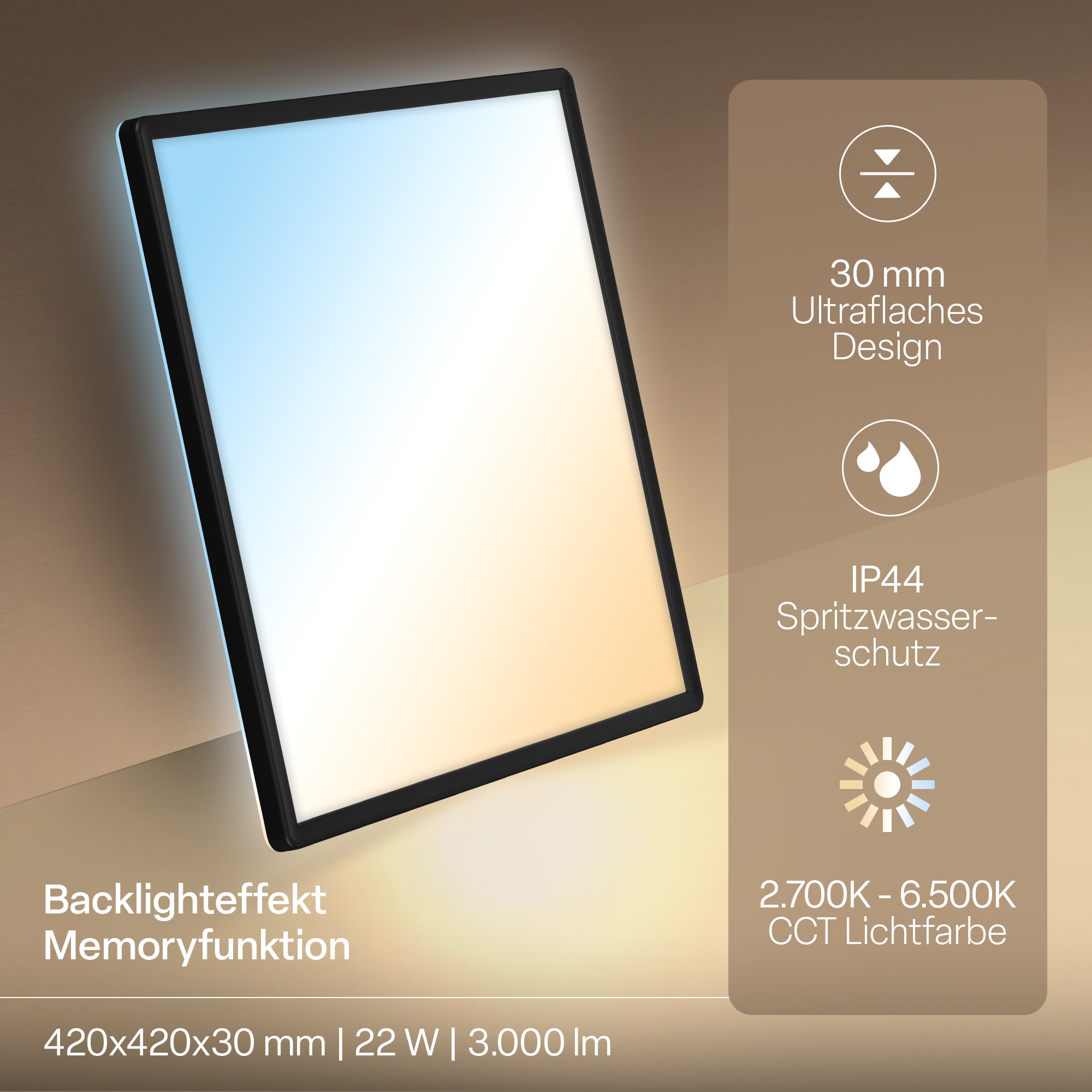 B.K.Licht LED Panel »SHALLOW« LED-Board 1 Stk. warmweiß - kaltweiß 42x42x3 cm, Badlampe, Badezimmer, Küche, Wohnzimmer