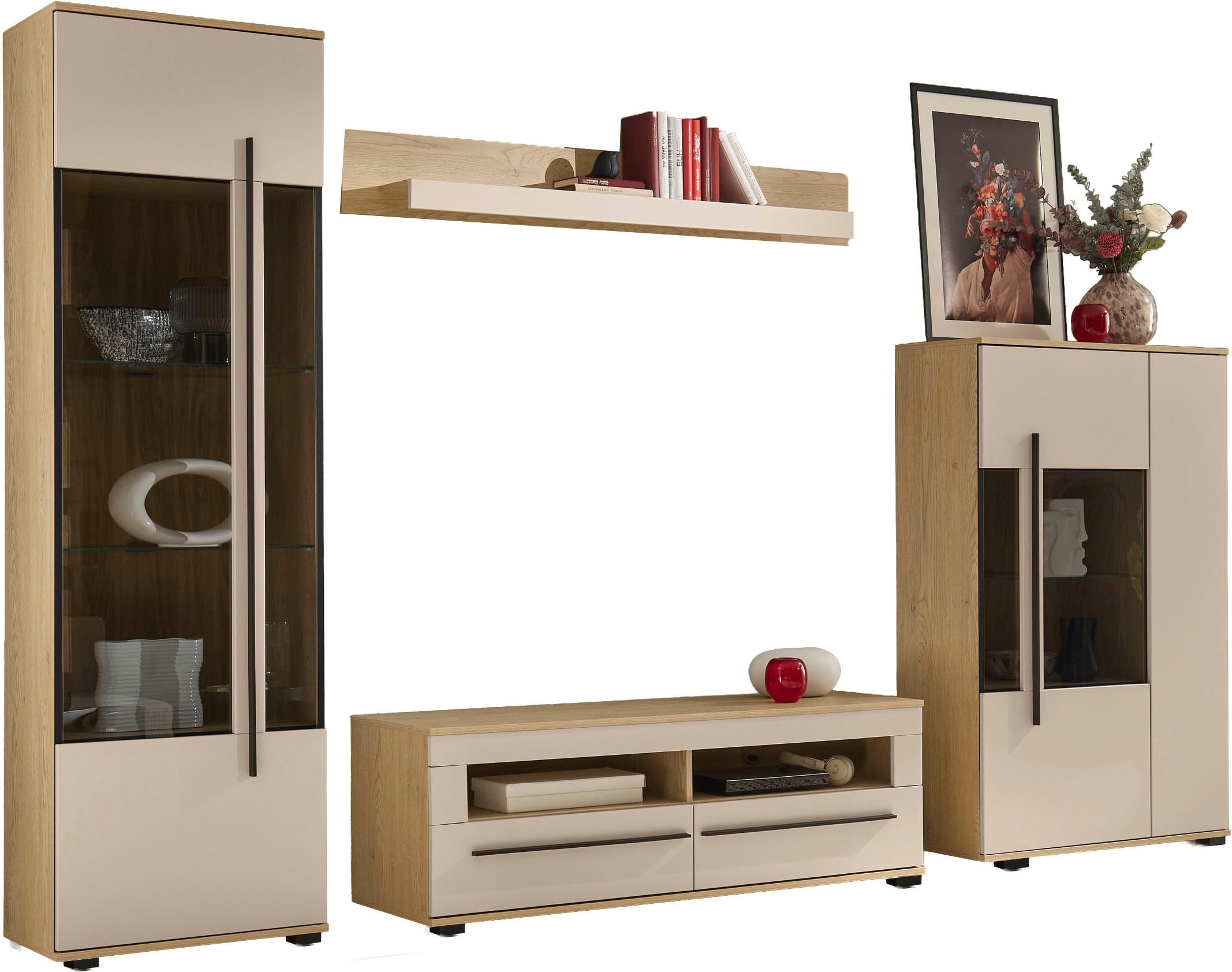 Home affaire Wohnwand »Cantara, Anbauwand, Wohnzimmer-Set, in Eiche Evoke, Weiß oder Kaschmir« Set, 