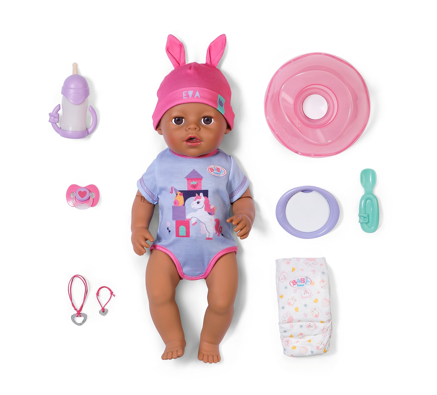 Baby Born Babypuppe »Eva Click & Play 43 cm« mit Click-&-Play: Hält Fläschchen und Löffel selbst - ohne Batterien